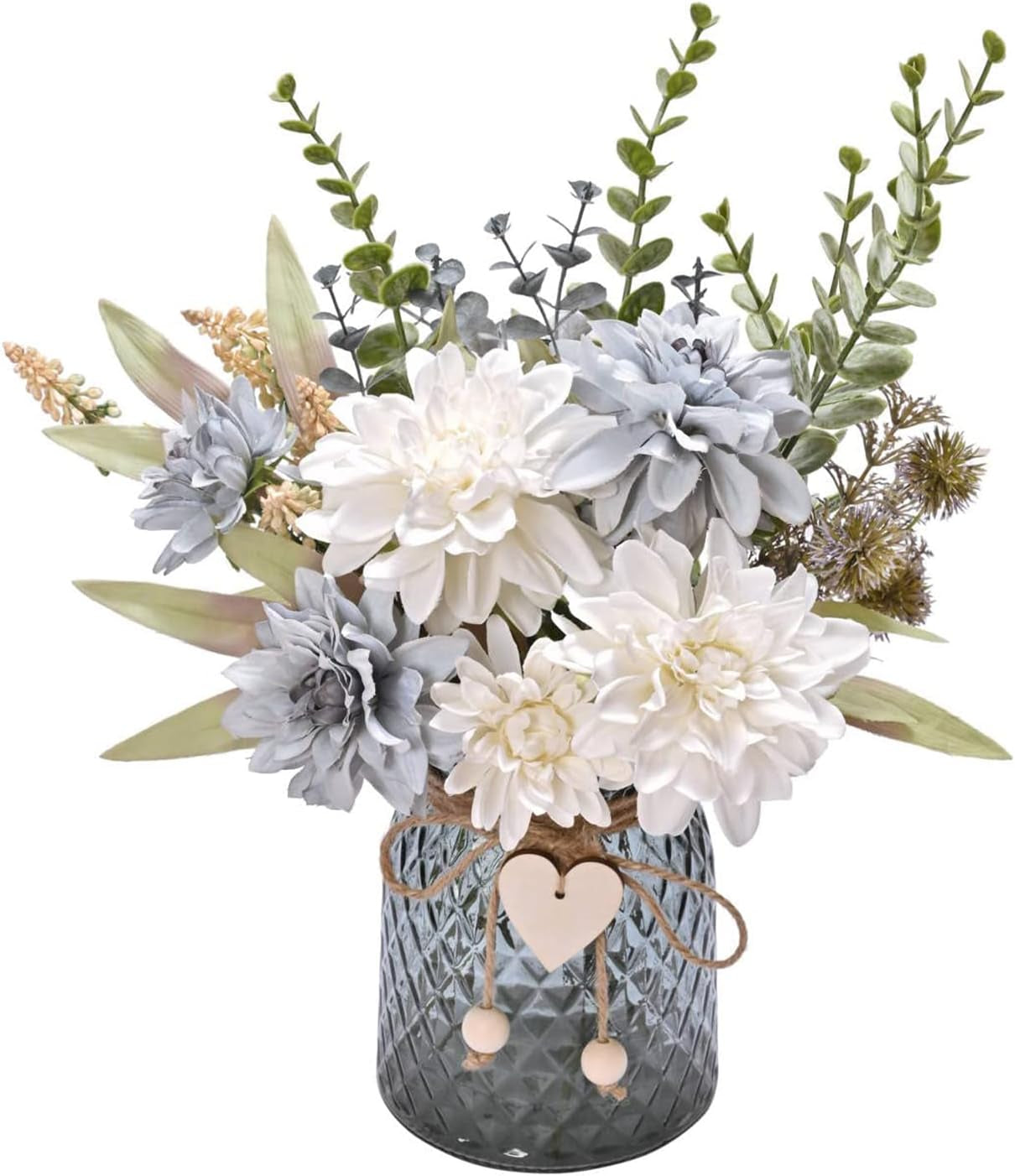 Fake Flowers with Vase, Blue Silk Roses Flowers Arrangement Artificial Flowers in Vase, Autumn Spring Decor,Home Office Living Room Decorations, Dining Table Centerpiece