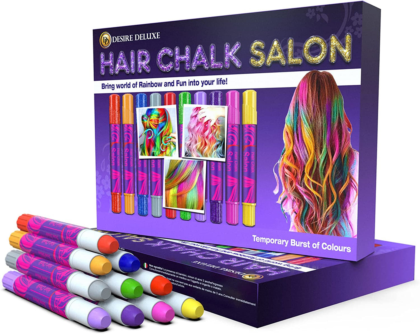 Hair Chalk Gifts for Girls - 10 Temporary Non-Toxic Easy Washable Hair Dye Colourful, Metallic, Glitter Pens - Games Birthday Present