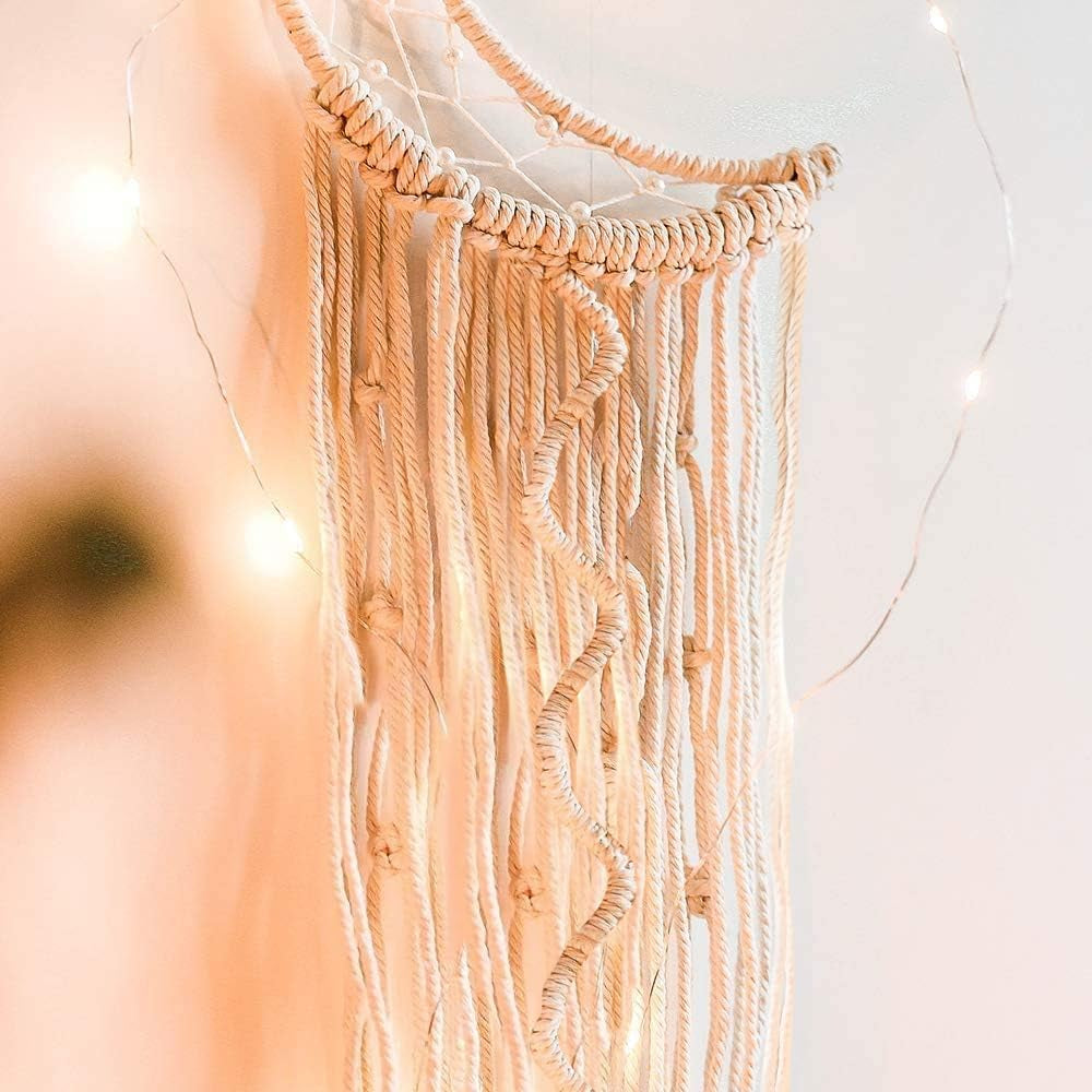 Macrame Wall Hanging with LED Light,Moon Dream Catcher Woven Tapestry Bohemian Home Decor Wedding Party Ornaments Craft Gifts Ramadan Decorations for Home