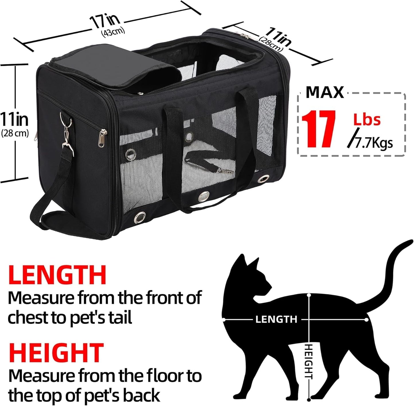 Soft Sided Foldable Cat/Dog/Pet Carrier Bag, Portable Puppy/Pets Travel Carriers for Cats/Dogs with Shoulder Strap & Removable Mat, Durable Cat Basket of 17 Lbs Airline Approved - Black, M