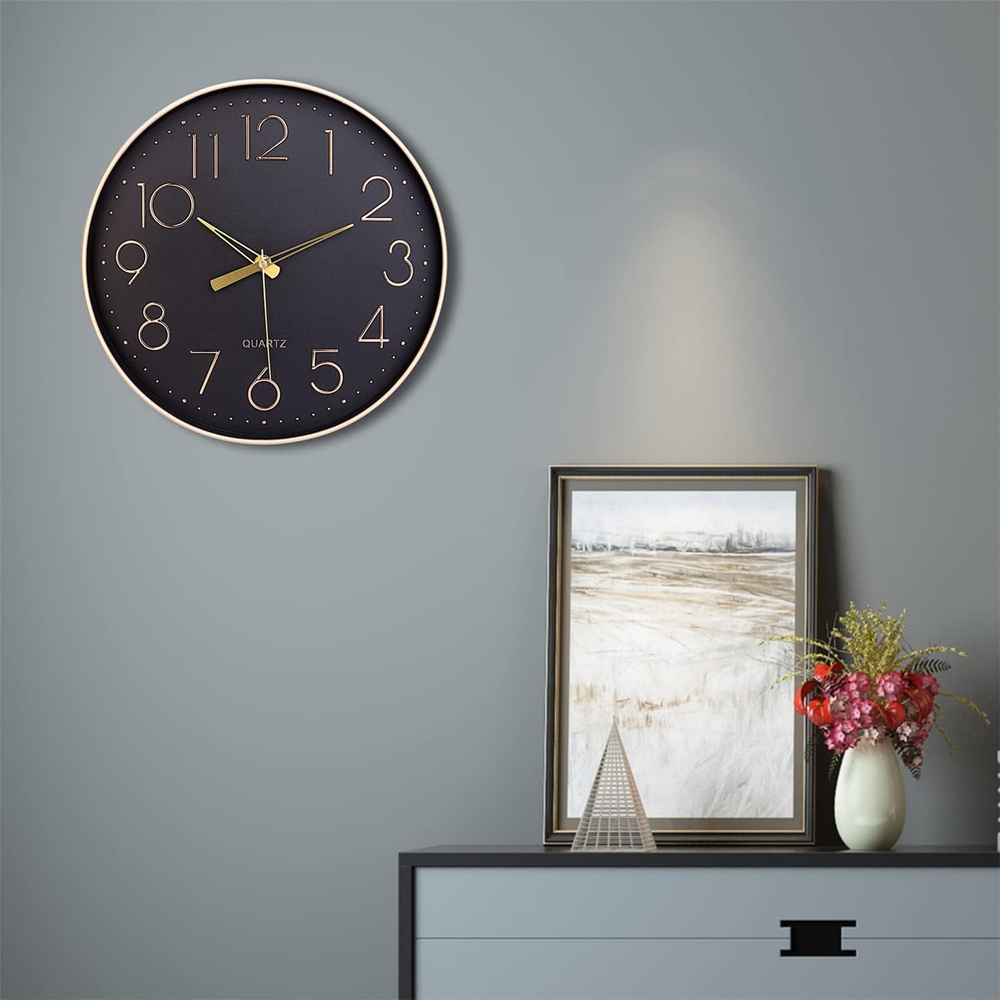 Black Wall Clock 12" Silent Non Ticking Arabic Numeral Clock round Decorative Wall Clock for Living Room, Bedroom, Kitchen (Battery Not Included) Gold Numbers