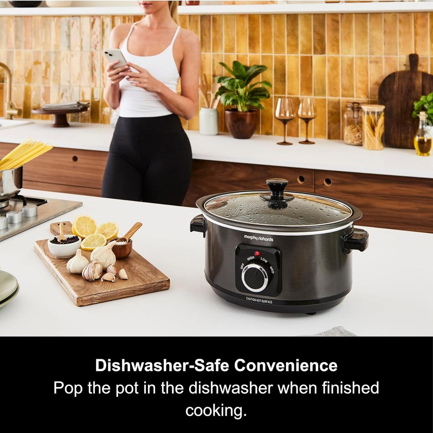 3.5L Sear & Stew Slow Cooker, Shatter Resistant Aluminium Pot, 3 Heat Settings, Hob Proof, Easy Clean, 163W, Black, 460012