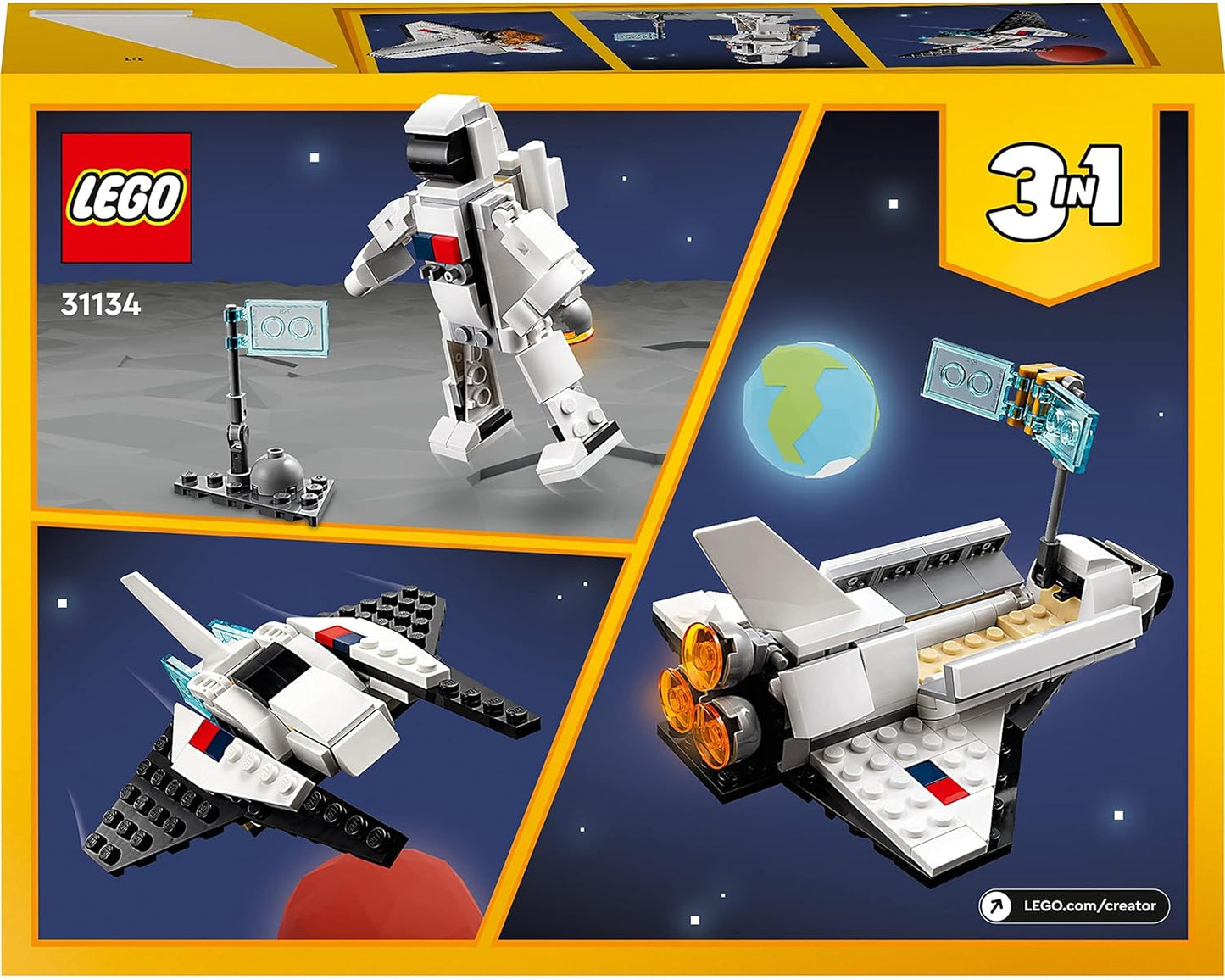 31134 Creator 3 in 1 Space Shuttle Toy to Astronaut Figure to Spaceship, Building Toys for Kids, Boys, Girls Aged 6 and Up, Creative Gift Idea