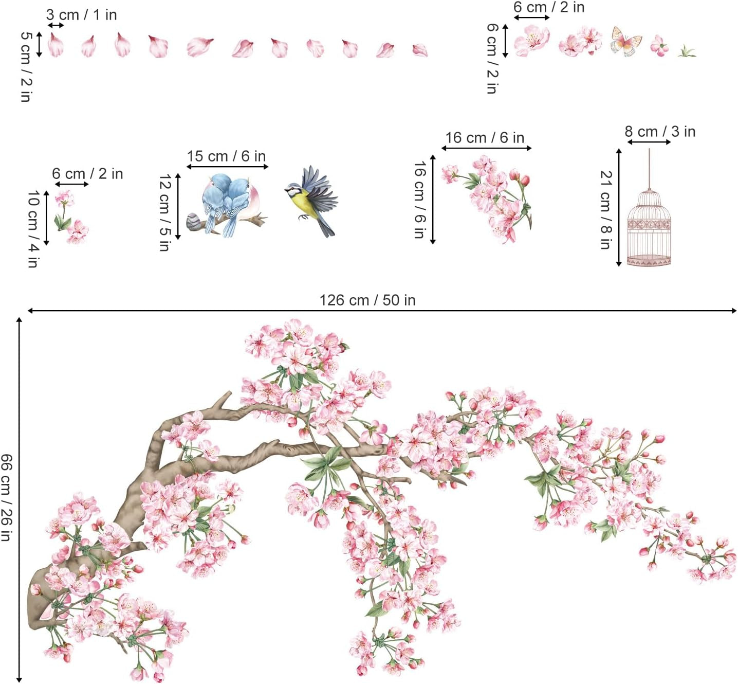 Cherry Blossom Tree Branch Wall Decals Pink Flower Birds Wall Stickers Bedroom Living Room Sofa TV Background Wall Decor