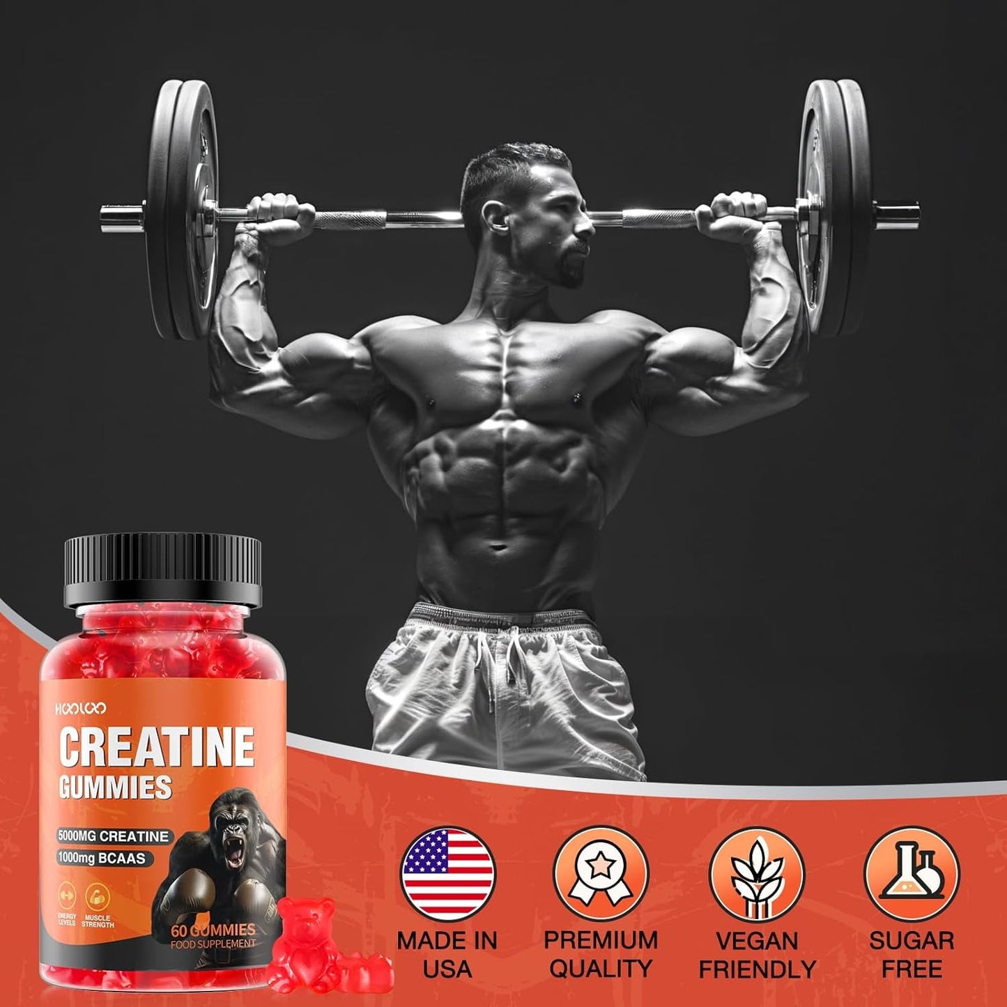 Creatine Gummies 5000Mg Creatine Monohydrate with 1000Mg Bcaas per Serving for Men & Women, Vegan & Sugar-Free, Easy Pre/Post Workout Gym Support for Performance and Muscle Power, 60 Count