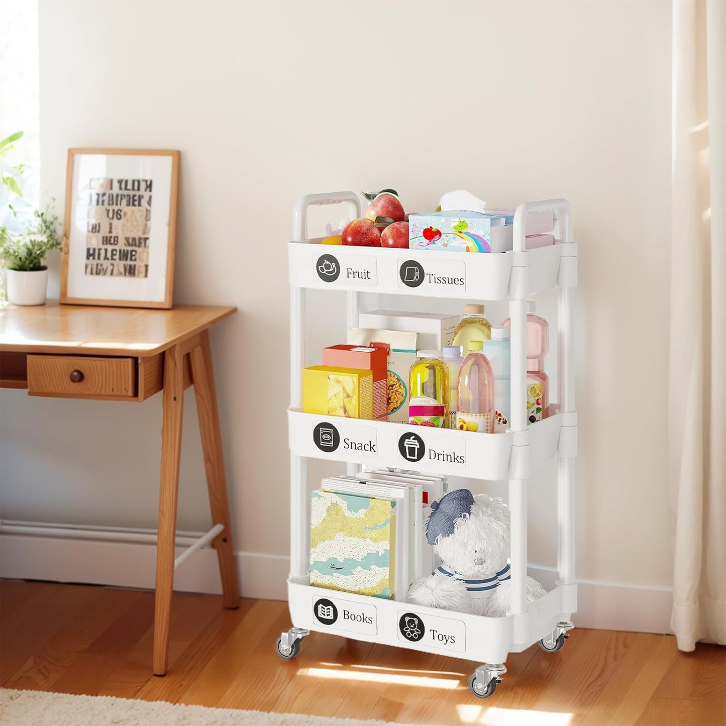 3-Tier Rolling Storage Cart with Lockable Casters, Beauty Trolly,Bathroom Trolley, Multifunctional Storage Trolley,White