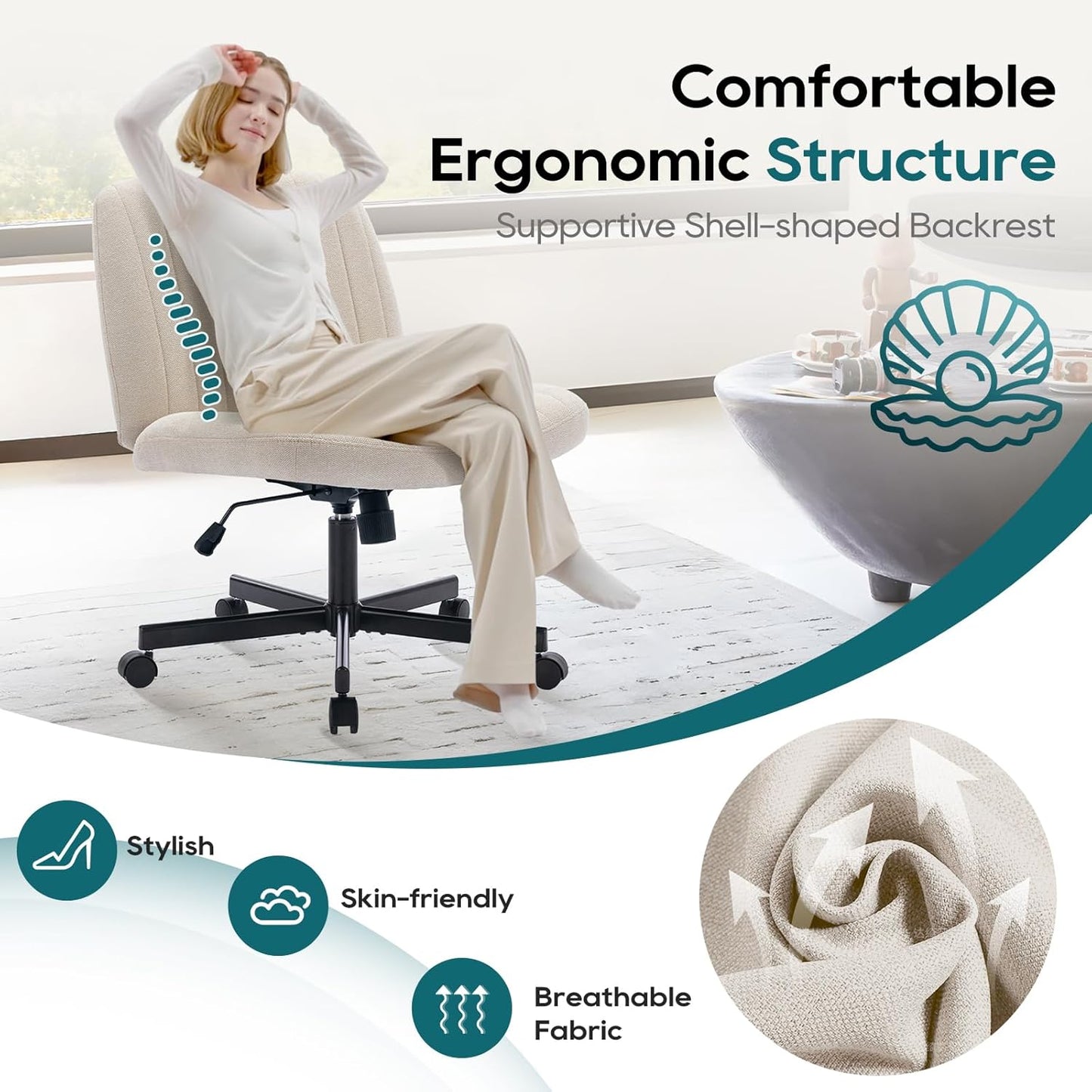 Wide Office Chair, Padded Armless Task Vanity Chair Swivel Home Office Desk Chair 115°Rocking Mid Back Ergonomic Computer Chair for Home Working, Make Up, Gaming (With Wheels, Beige)