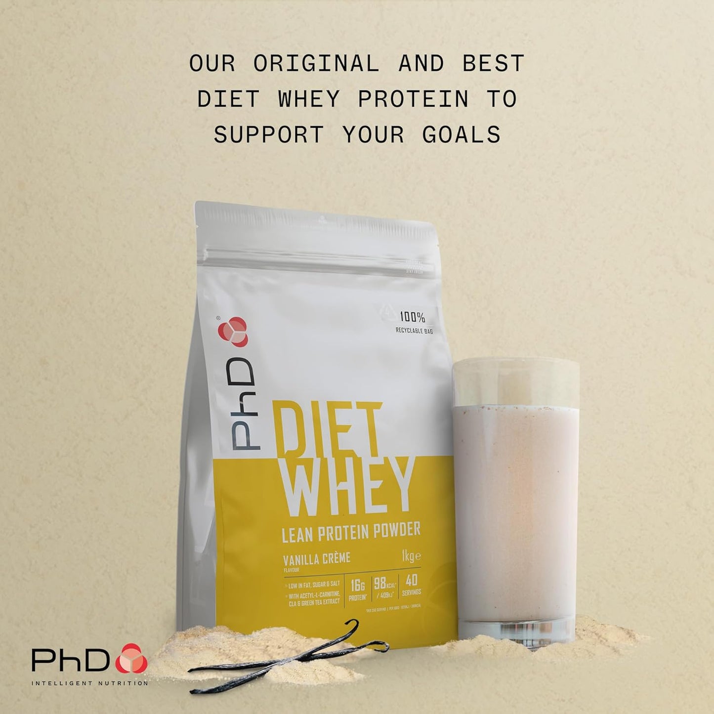 Nutrition Diet Whey High Protein Lean Matrix, Vanilla Crème Whey Protein Powder, 16G of Protein, 40 Servings per 1 Kg Bag