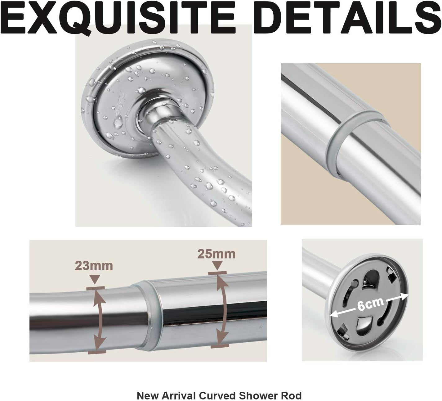 Curved Shower Rod Stainless Steel Adjustable 112-180Cm, Telescopic Shower Curtain Pole Extensible Shower Rail Including Fittings (Chrome)