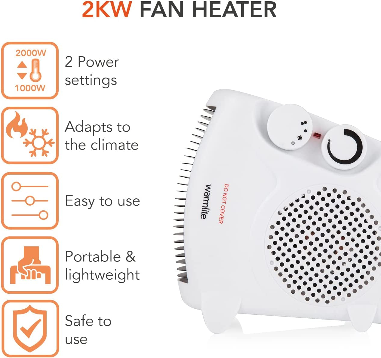 WL44001 Thermo Fan Heater with 2 Heat Settings and Overheat Protection, 2000W, White