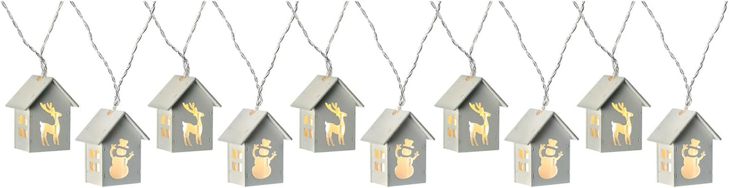 Reindeer and Snowman Wooden House Light String with 10-LED - White