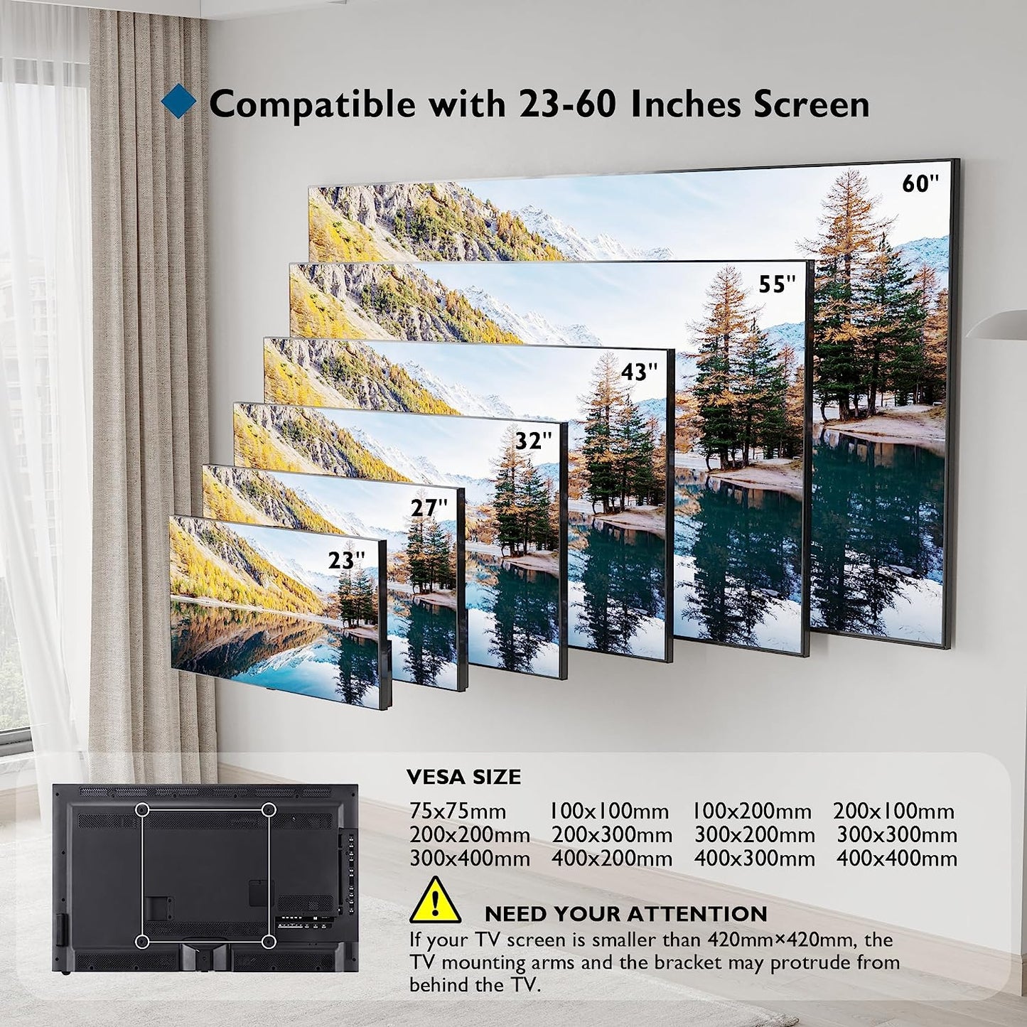 Ultra Slim TV Wall Bracket, Tilting TV Wall Mount for 23-60 Inch Tvs, Low Profile TV Bracket, Max VESA 400X400Mm, Holds up to 45Kg, Spring Locking System, Includes 5 Cable Ties