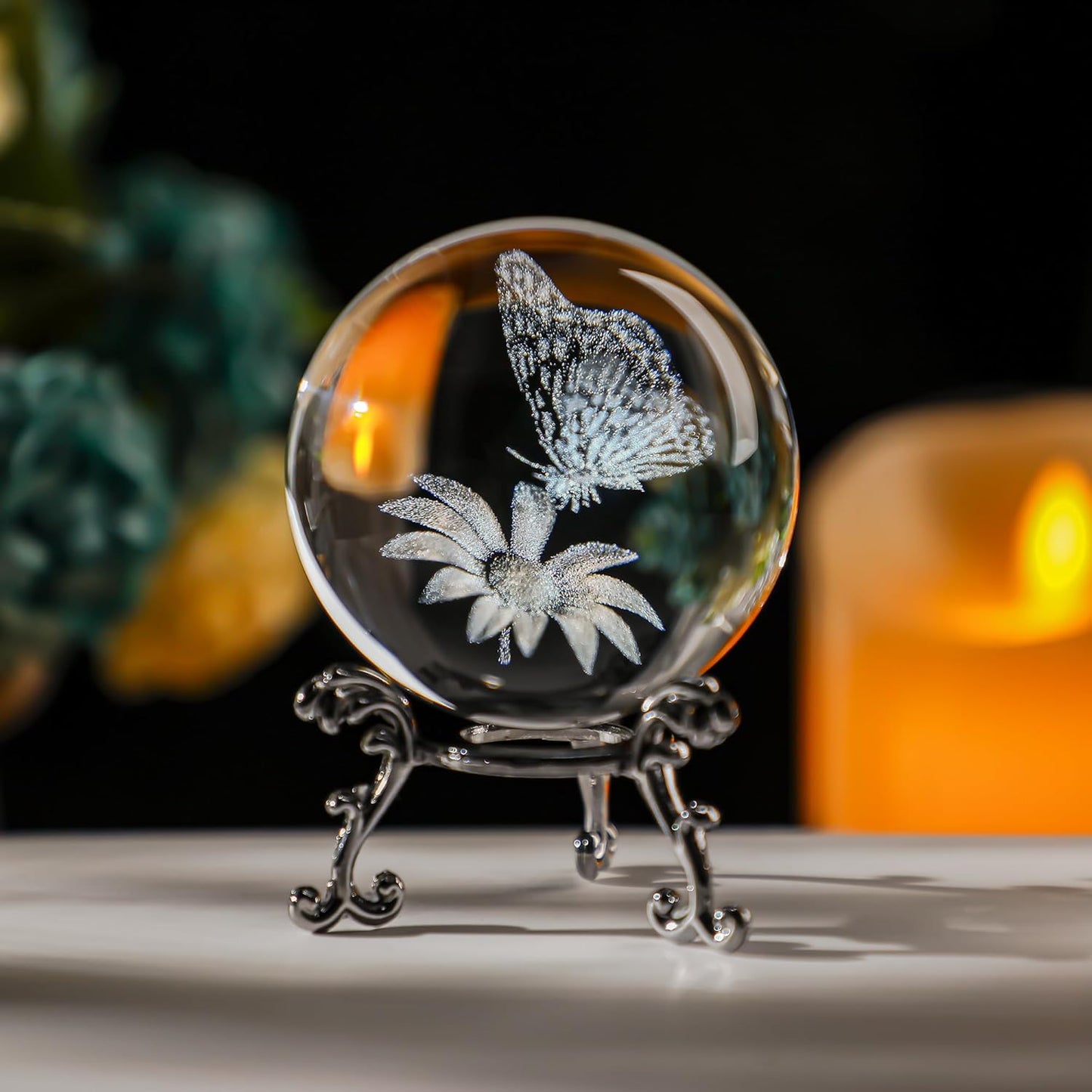 60Mm Butterfly Crystal Ball Paperweight,3D Laser Engraved Butterfly on Sunflower in Glass Ball with Stand Decorative Butterfly Glass Sphere Home Decor Gifts for Women Girls