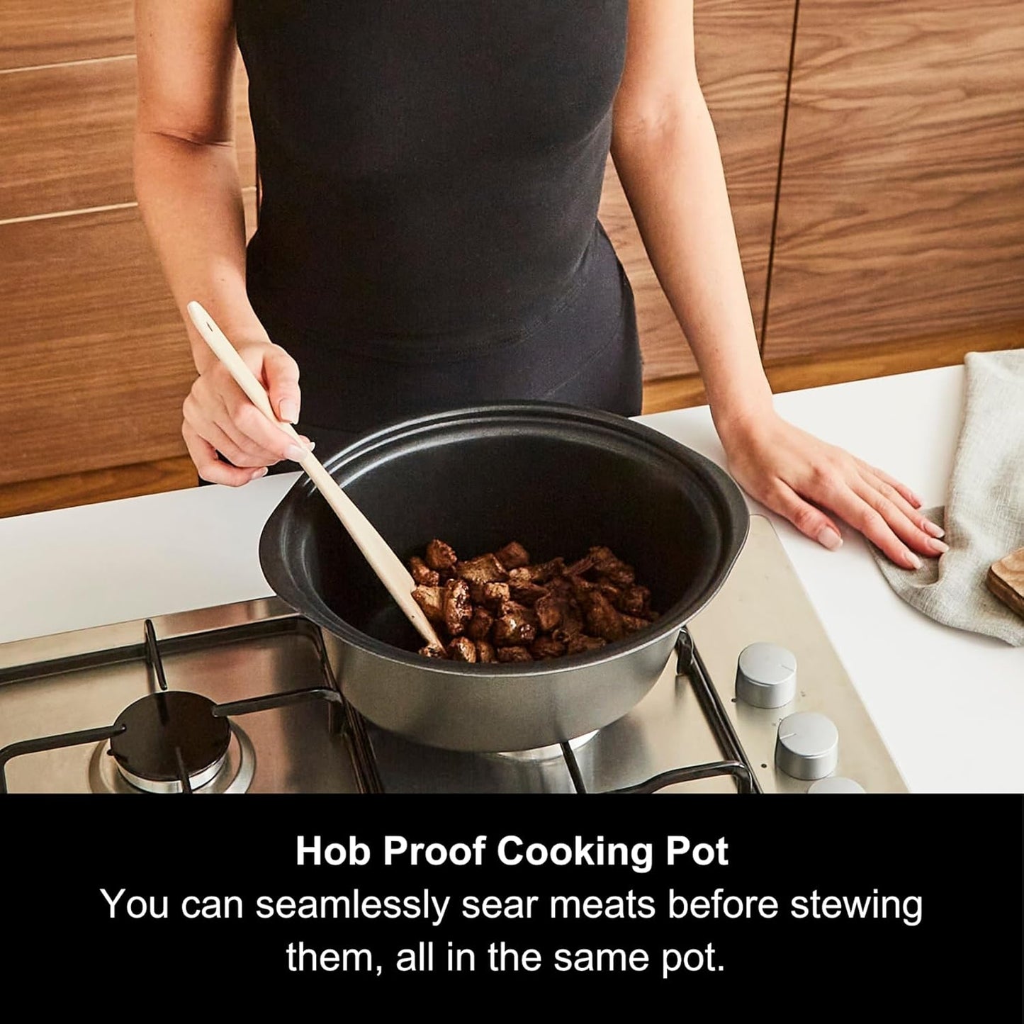 3.5L Sear & Stew Slow Cooker, Shatter Resistant Aluminium Pot, 3 Heat Settings, Hob Proof, Easy Clean, 163W, Black, 460012