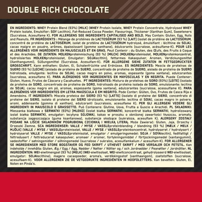 Gold Standard 100% Whey Muscle Building and Recovery Protein Powder with Naturally Occurring Glutamine and BCAA Amino Acids, Double Rich Chocolate Flavour, 73 Servings, 2.26 Kg