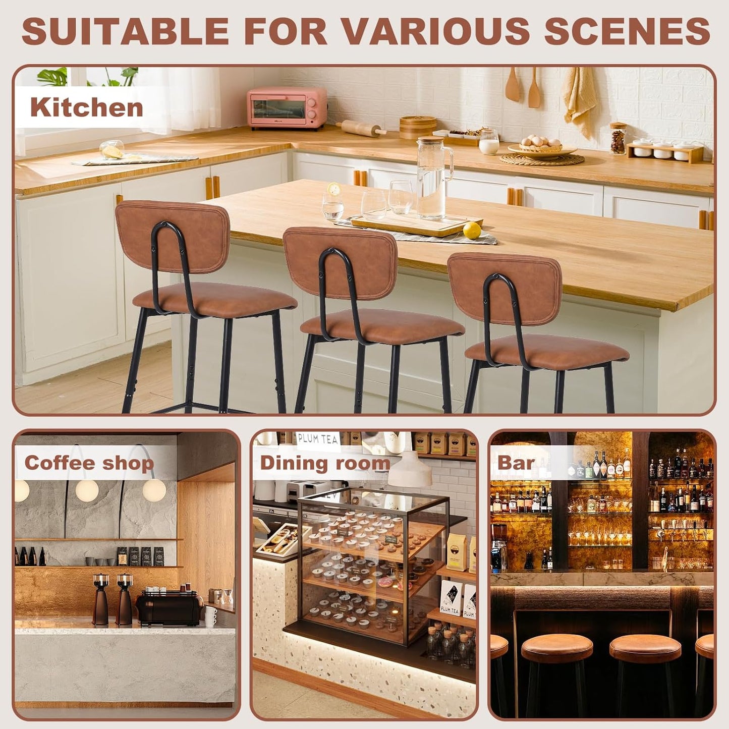 Bar Stools Set of 2, Tall Kitchen Stools with Backrest, Modern Faux Leather Barstools for Breakfast Bars, Counters, Restaurant and Home, Brown