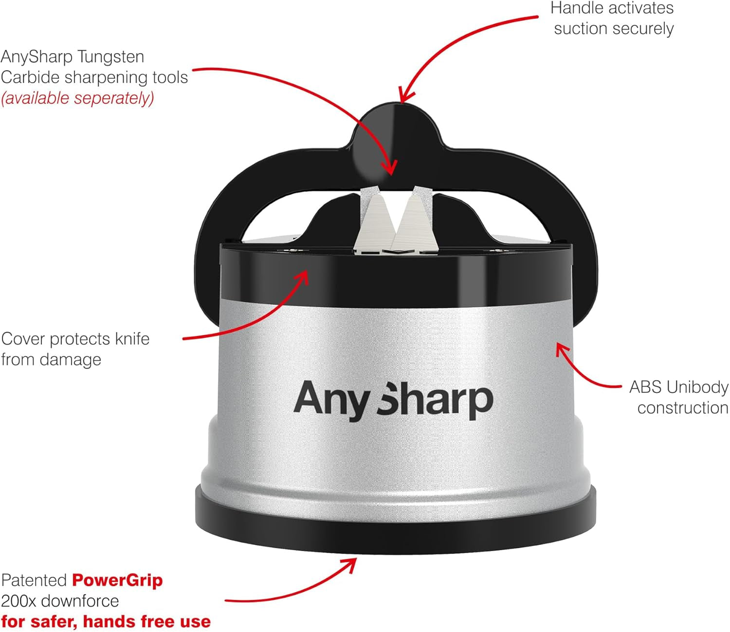 Knife Sharpener, Hands-Free Safety, Powergrip Suction, Safely Sharpens All Kitchen Knives, Ideal for Hardened Steel & Serrated, World'S Best, Compact, One Size, Silver