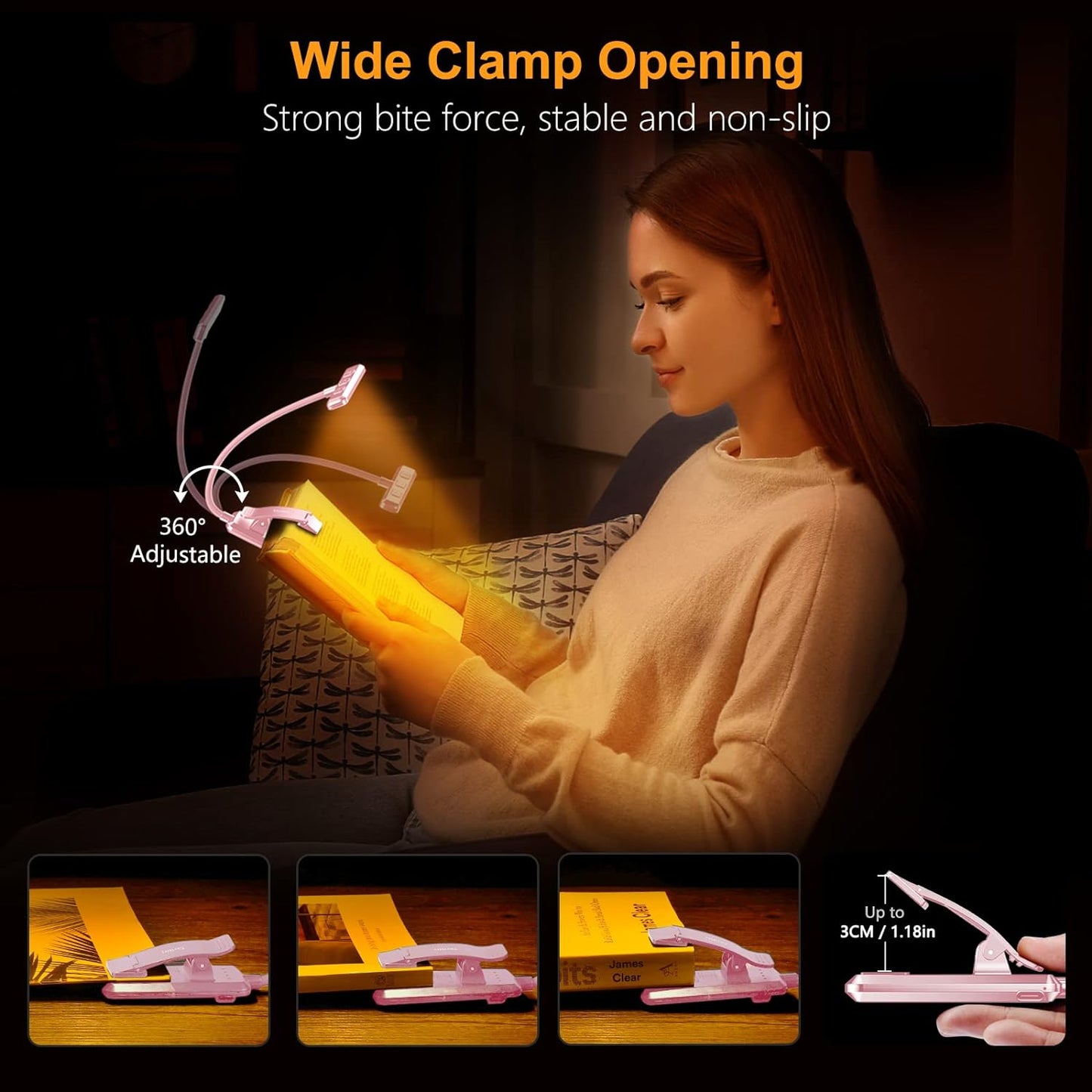19 LED Book Light, Reading Light Book Lamp for Reading at Night with Memory Function, 3 Eye-Protecting Modes -Stepless Dimming, Long Battery Life, 360° Flexible Lamp for Bed,Tablet- Pink