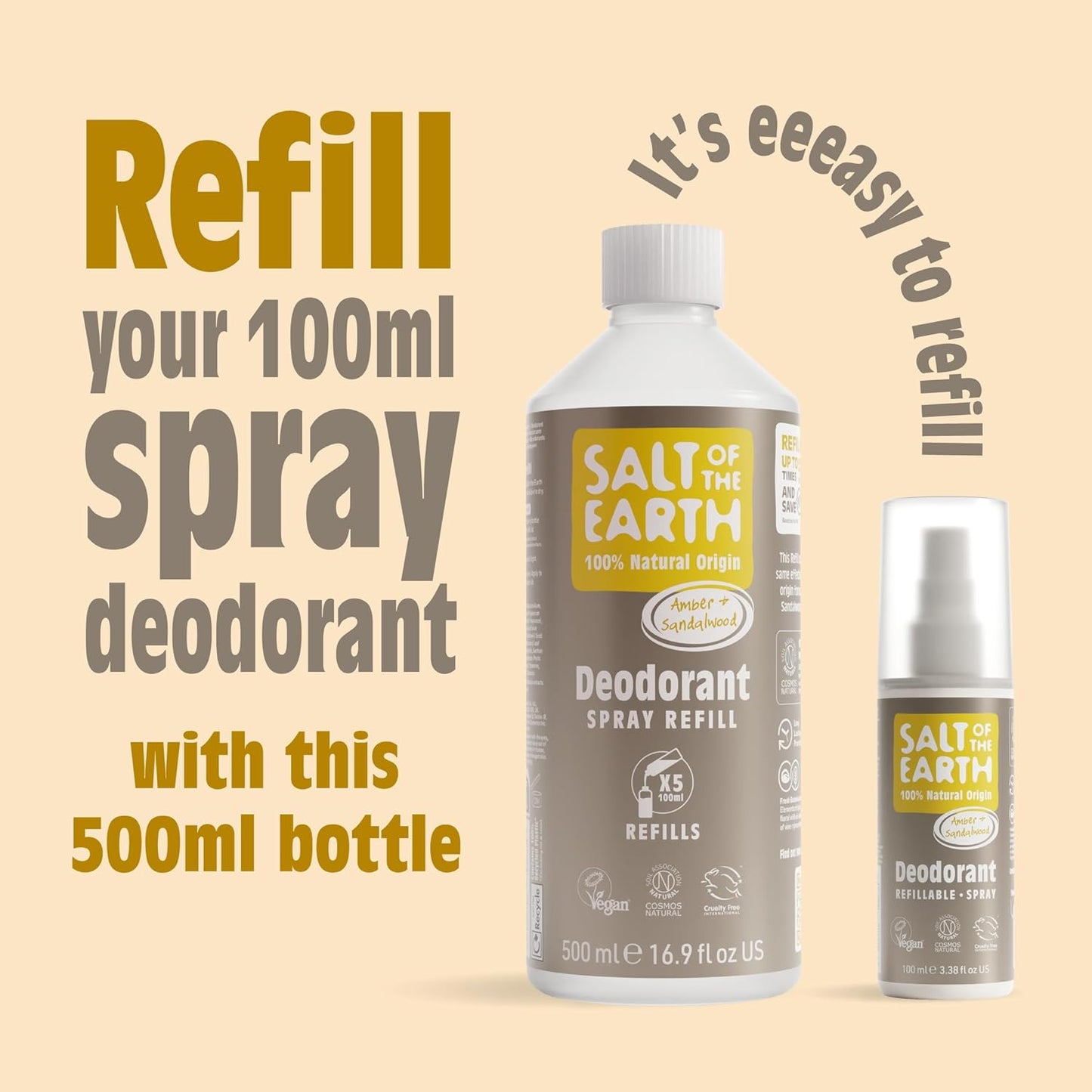 - Natural Deodorant Spray Refill - Certified Natural, Vegan, Long Lasting Protection, Leaping Bunny Approved, Made in the UK - 500Ml (Amber & Sandalwood)