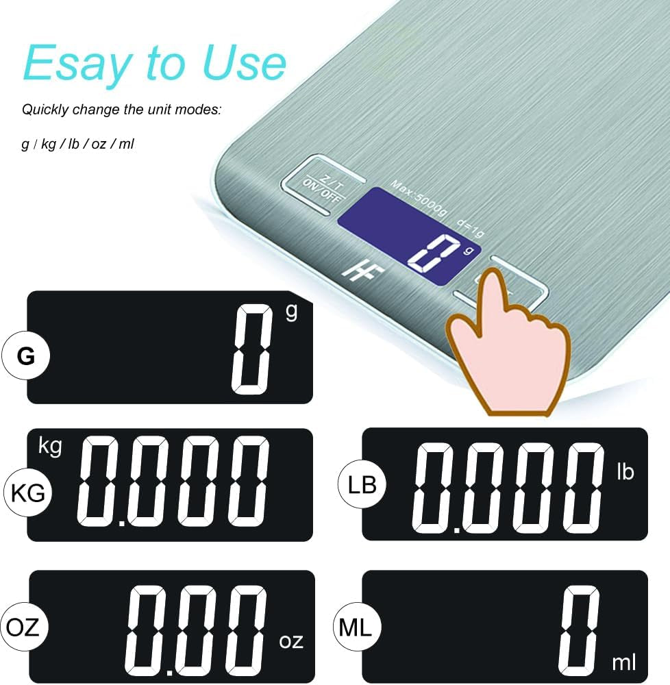 5Kg 1G 11Lb Digital Kitchen Scales Food Scale with Stainless Steel Platform Electronic Cooking Backlit LCD Display Multifunction for Home and Office Use