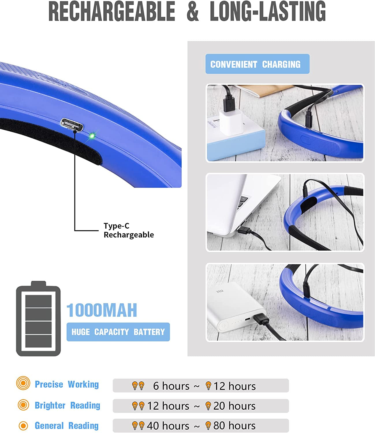 LED Neck Reading Light, Book Light for Reading in Bed, 3 Colors, 6 Brightness Levels, Bendable Arms, Rechargeable, Long Lasting, Perfect for Reading, Knitting, Camping, Repairing