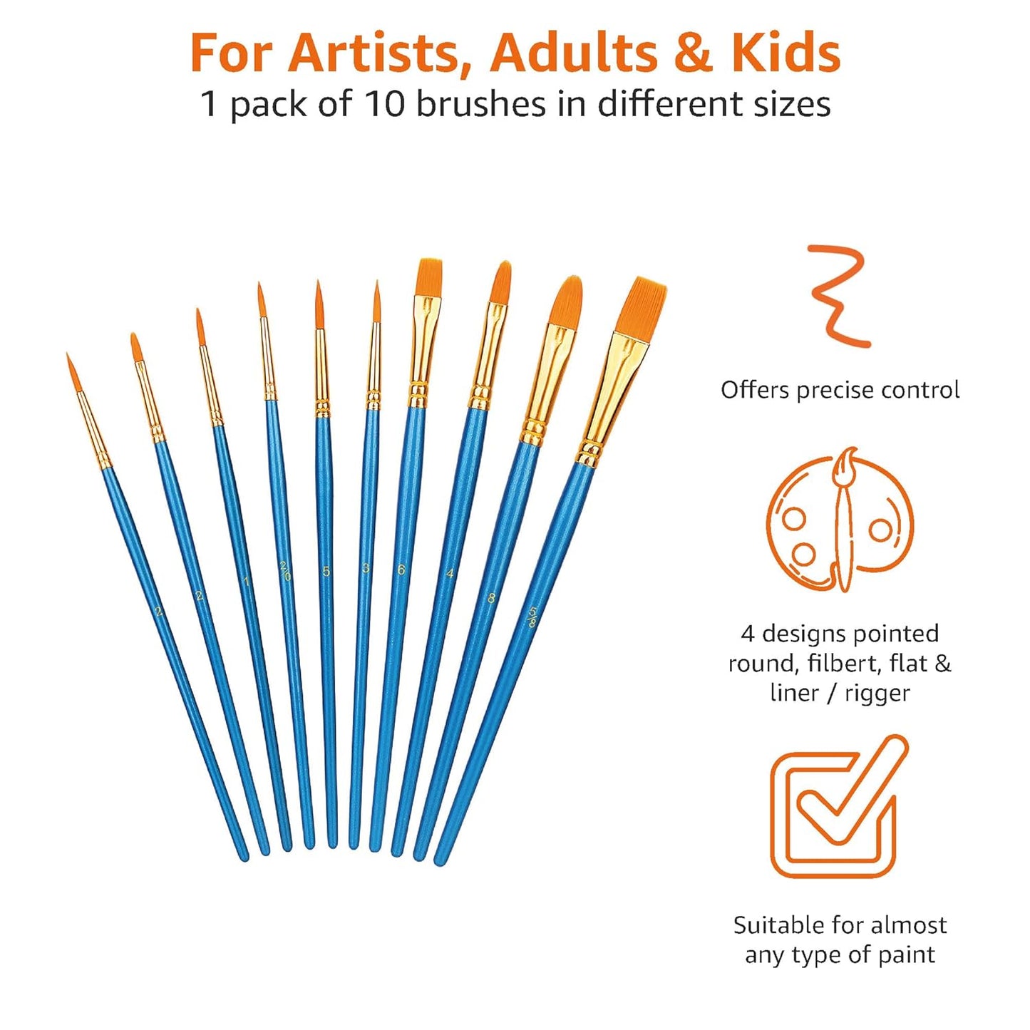 Art Paint Brush Set, Different Sizes for Artists, Adults & Kids, 10 Count, Blue