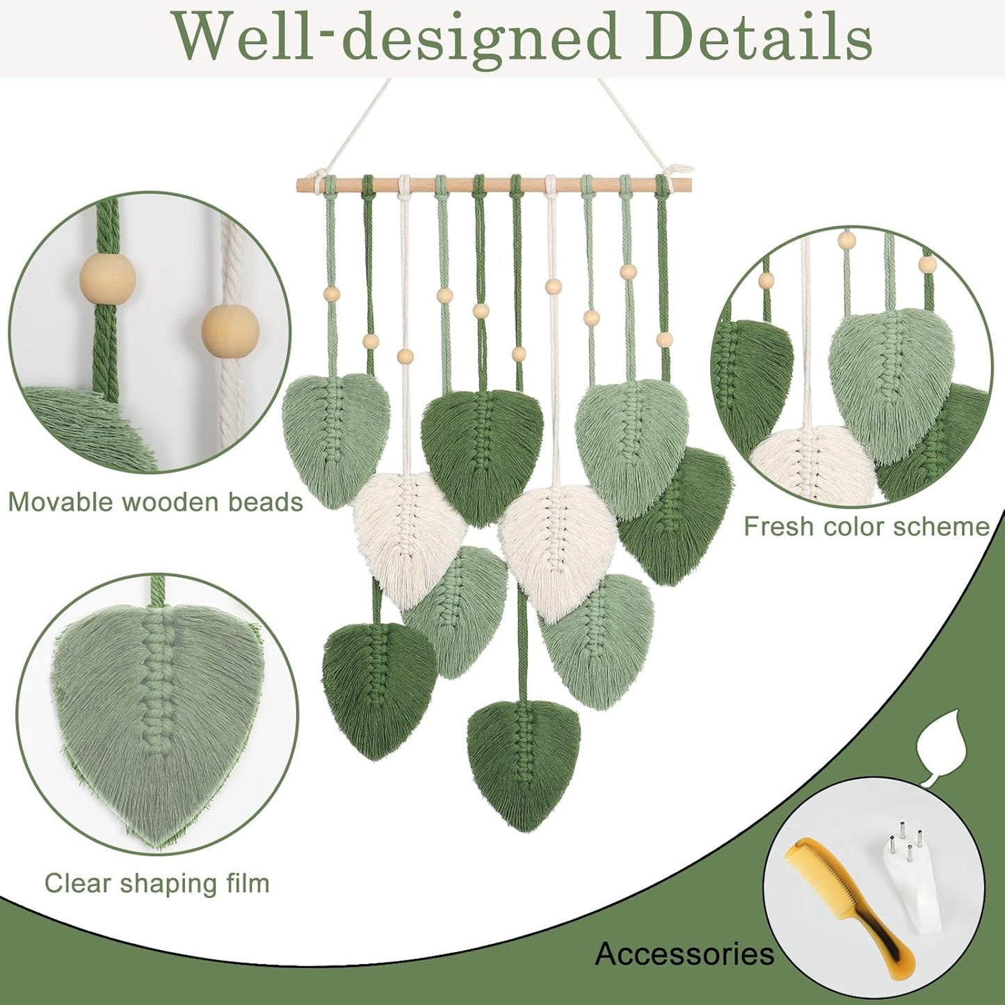 Macrame Wall Hanging Green Leaf Tassel Tapestry Boho Chic Wall Decor Handmade Woven Cotton Rope Tapestry Aesthetic Bohemian Wall Art for Bedroom Living Room Office Apartment Ornament
