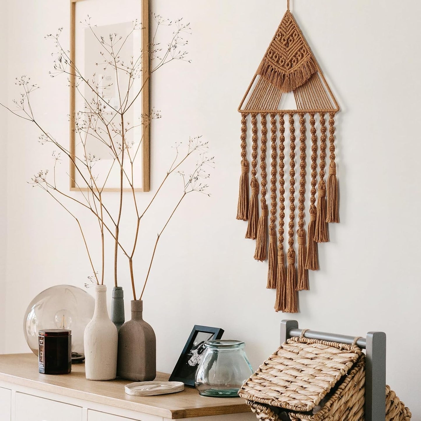 Macrame Wall Hanging Handwoven Dream Catcher Triangle Tassel Tapestries Boho Backdrop Decor Geometric Art Handmade Tapestry for Wall Apartment Party Bedroom Living Room Door Decoration