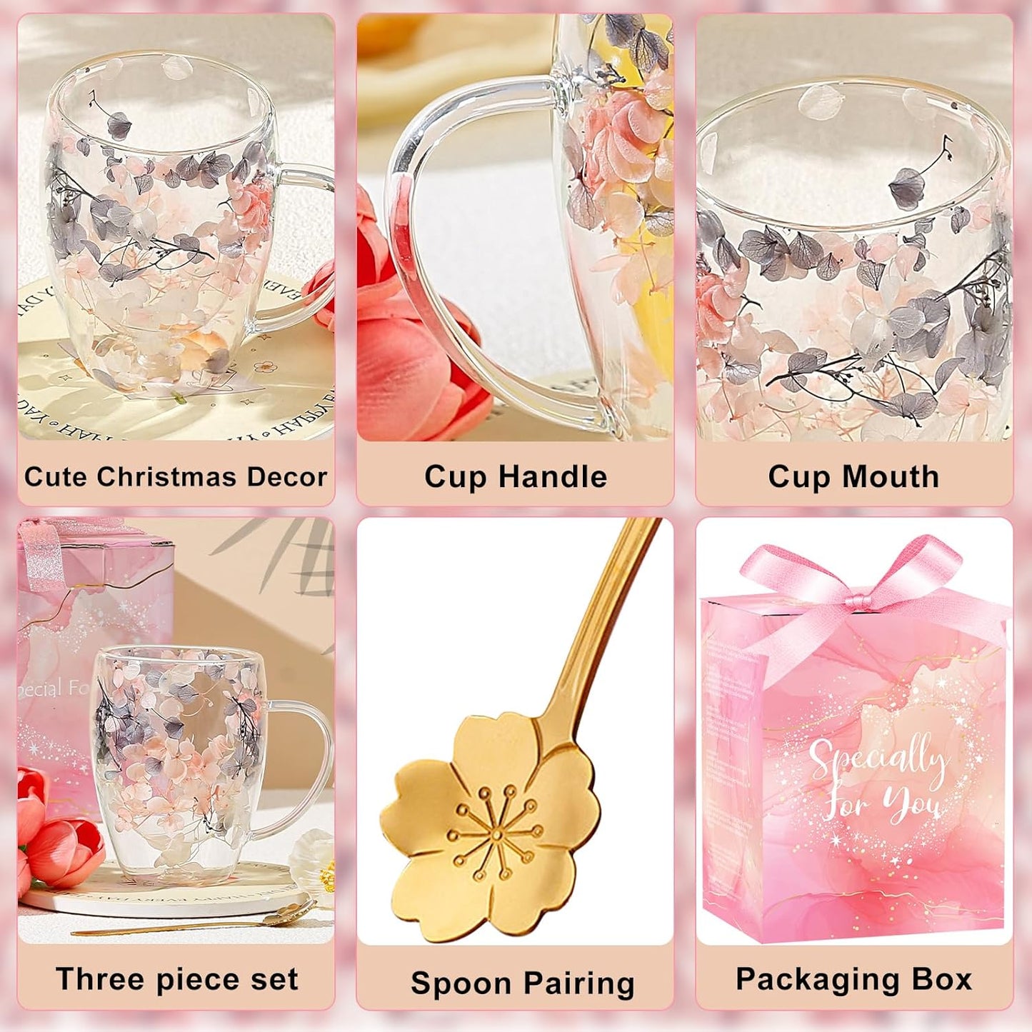 Gifts for Women Dried Flowers Double Wall Glass Coffee Mugs Cute Glass Tea Cups with Handles Christmas Birthday Gifts for Best Friend Teacher Mum Gifts Ideas Autumn Mug Home Decor(Grey+Pink)
