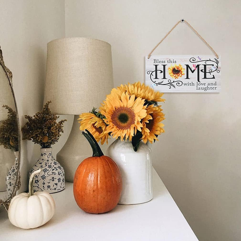 New Home Gifts Sunflower Rustic Wooden New House Plaque Sign Bless This Home with Love and Laughter Inspirational Saying Wooden Door Decor(11"X 6") Housewarming Gifts Living Room Decorations