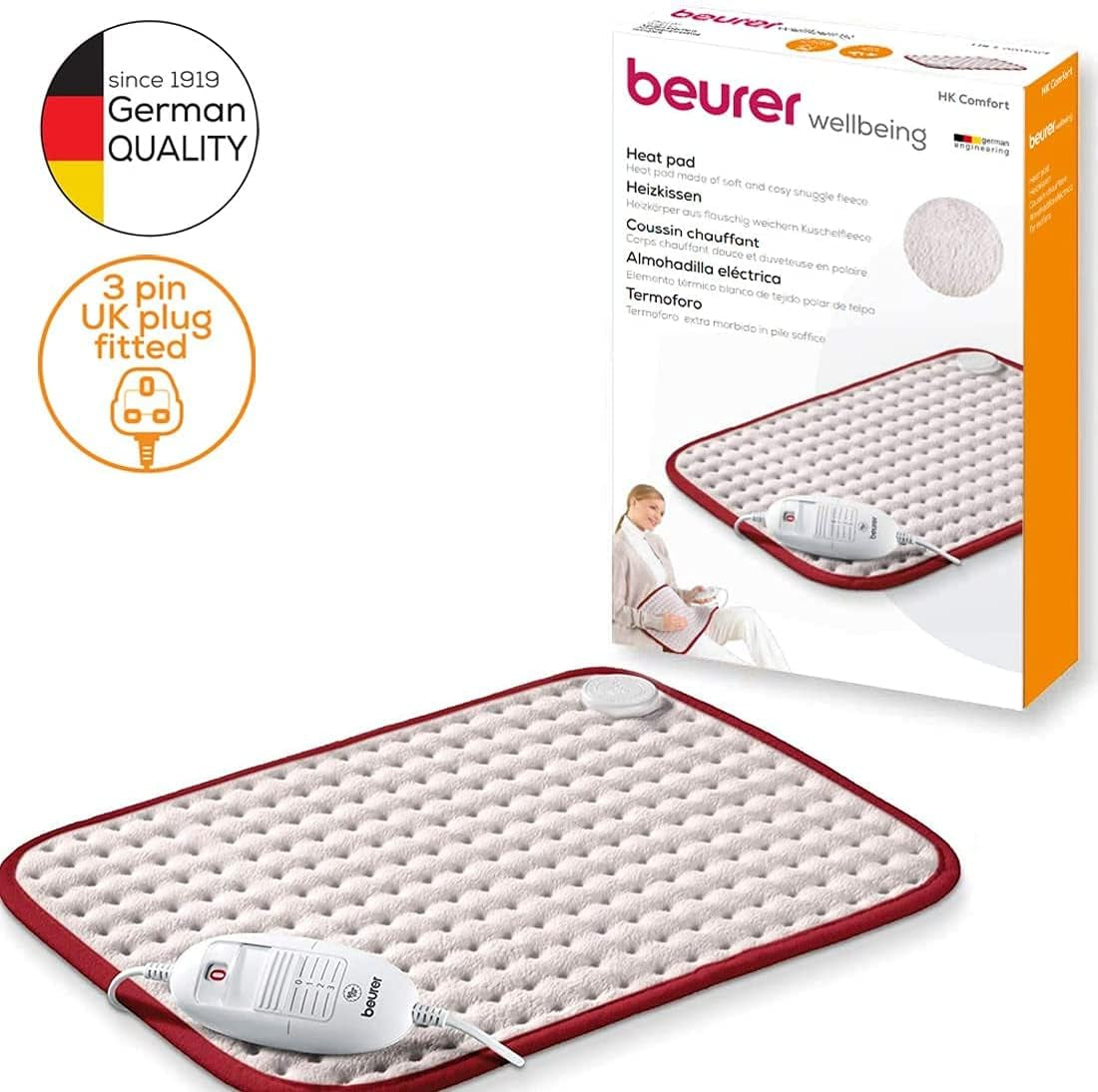 HK Comfort Heat Pad, Flexible Warming Electric Heating Pad with Super-Soft Surface, Controllable Warmth with 3 Temperature Settings, Machine-Washable, Automatic Switch-Off, 100 Watts, 44X33Cm