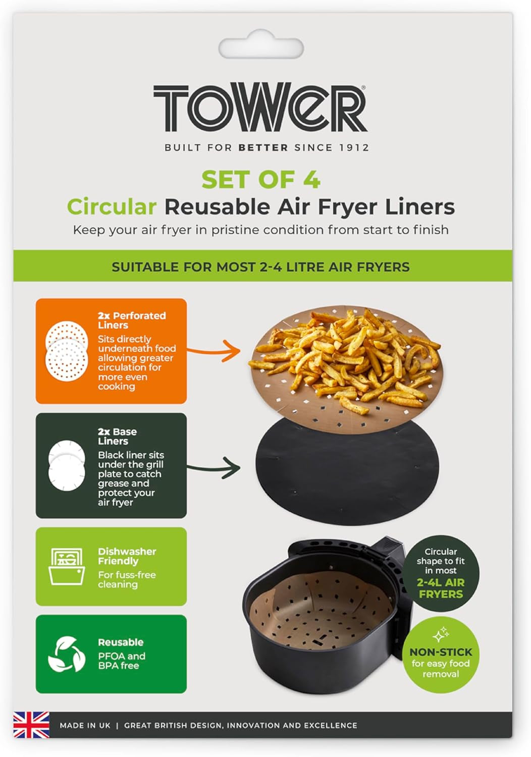 TLINER1 4 Pack of round Air Fryer Liners, Suitable for Air Fryers between 2 Litre and 4 Litre, Non-Stick, Reusable, Gold & Black