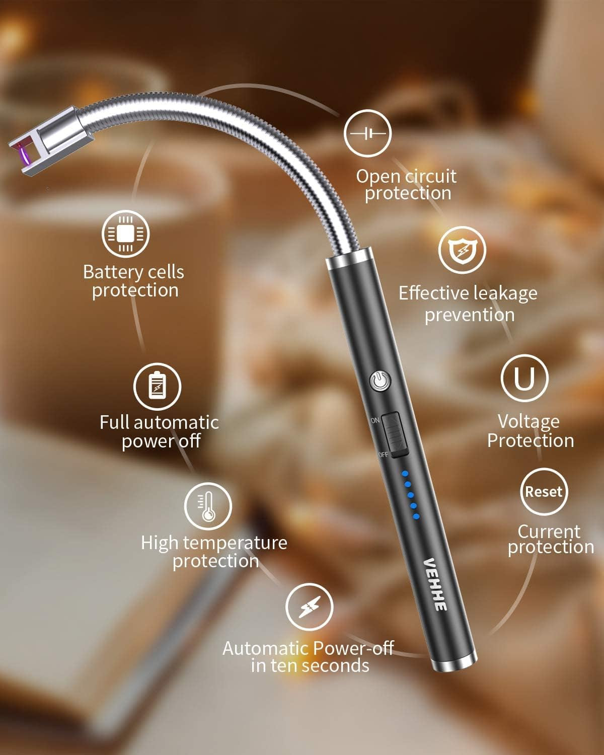 Candle Lighter, Electric Lighter Rechargeable USB Lighter with 360° Long Flexible Neck, Arc Windproof Lighter with LED Battery Display, for BBQ Camping Light Candles Gas Stoves