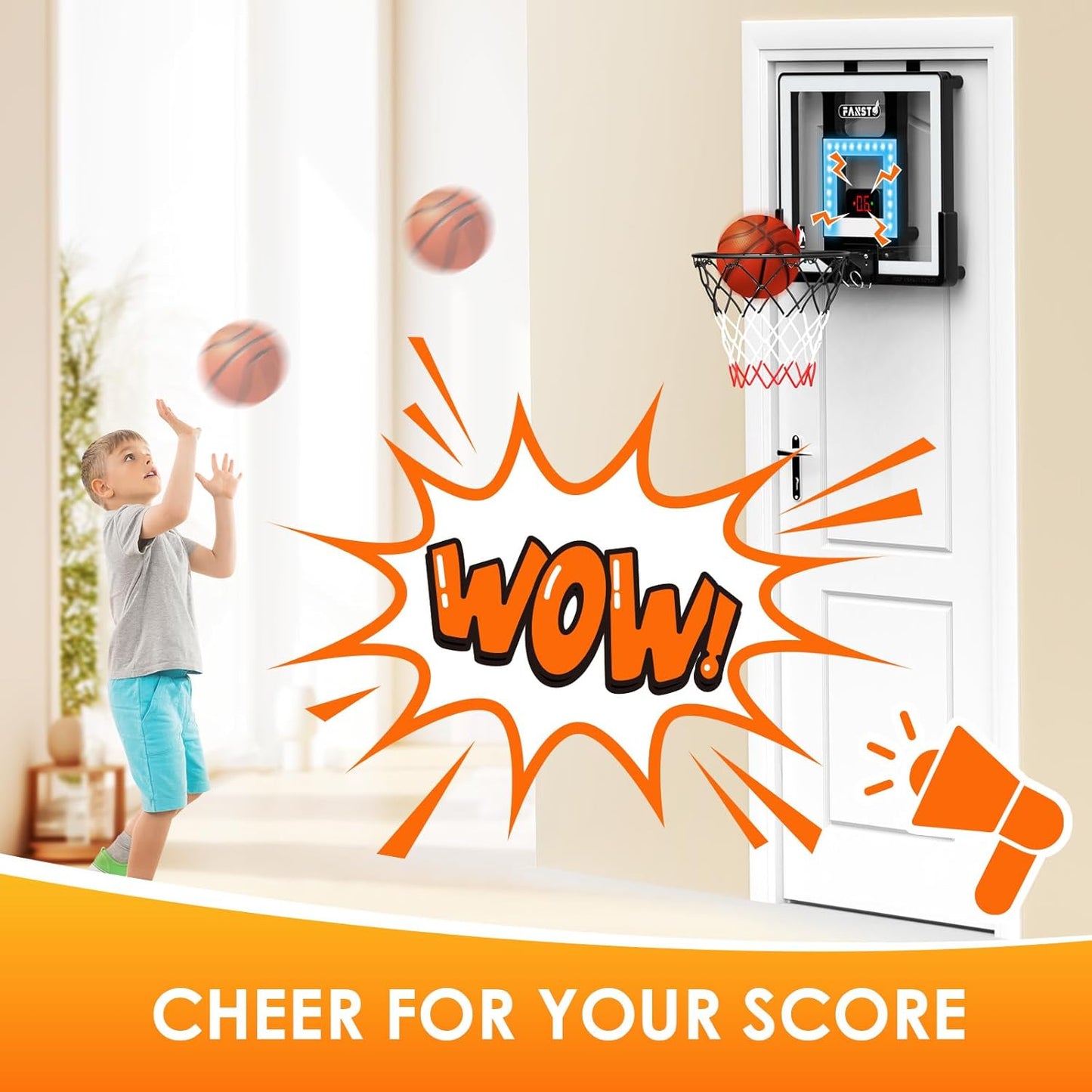 Indoor Basketball Hoop for Kids, over the Door Basketball Hoop with LED Cheering, Anti-Impact, 2 Game Mode& Mute Mode, Mini Door Room Basketball Toy Gift with 4 Ball for 5 6 7 8 9 10 11 12 Old Boys