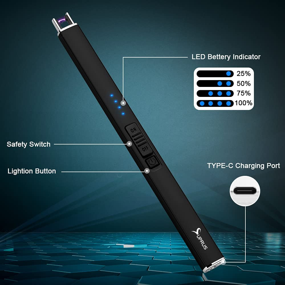 Electric Lighter Arc Windproof Flameless USB Lighter Rechargeable Lighter with Safety Lock for Candle BBQ Camping (Black)