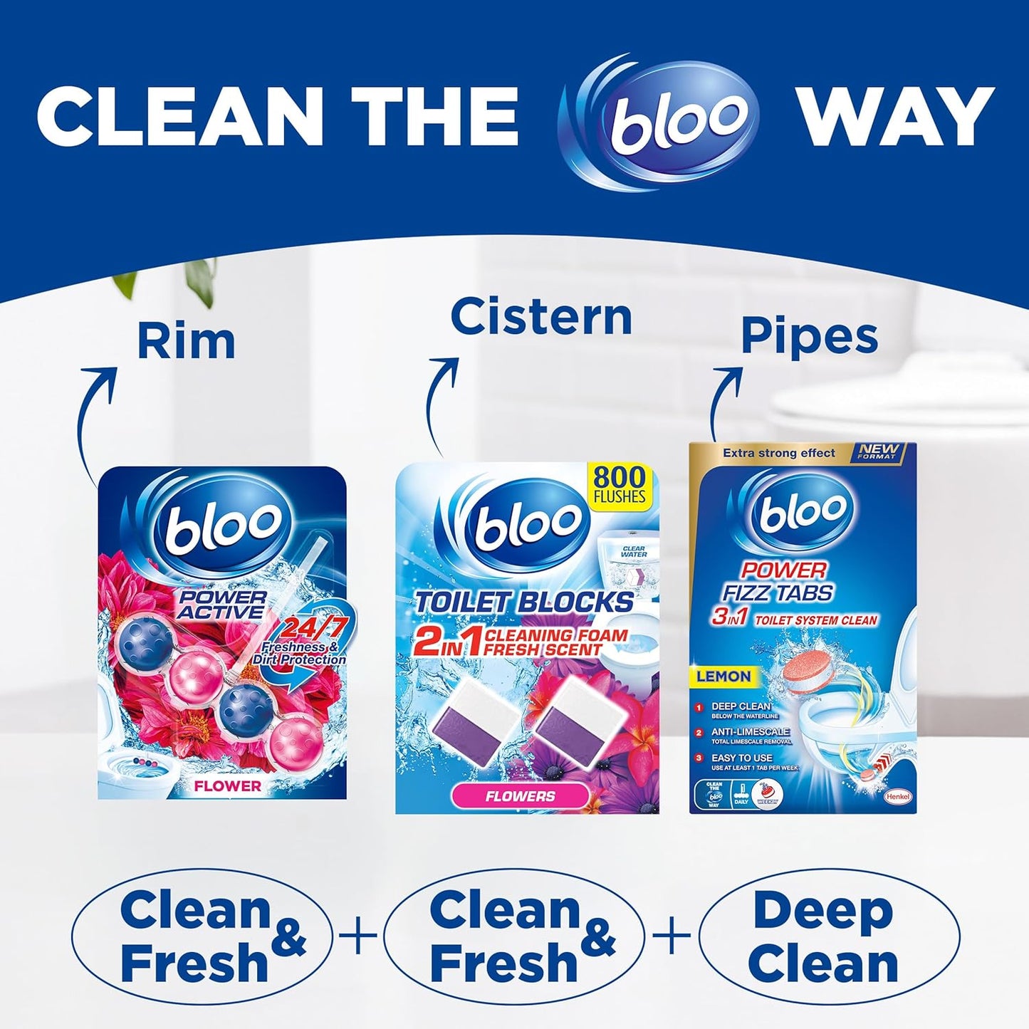 Power Active Toilet Rim Block Fresh Flowers, with Anti-Limescale, Cleaning Foam, Dirt Protection and Extra Freshness - Pack of 3 Rimblocks