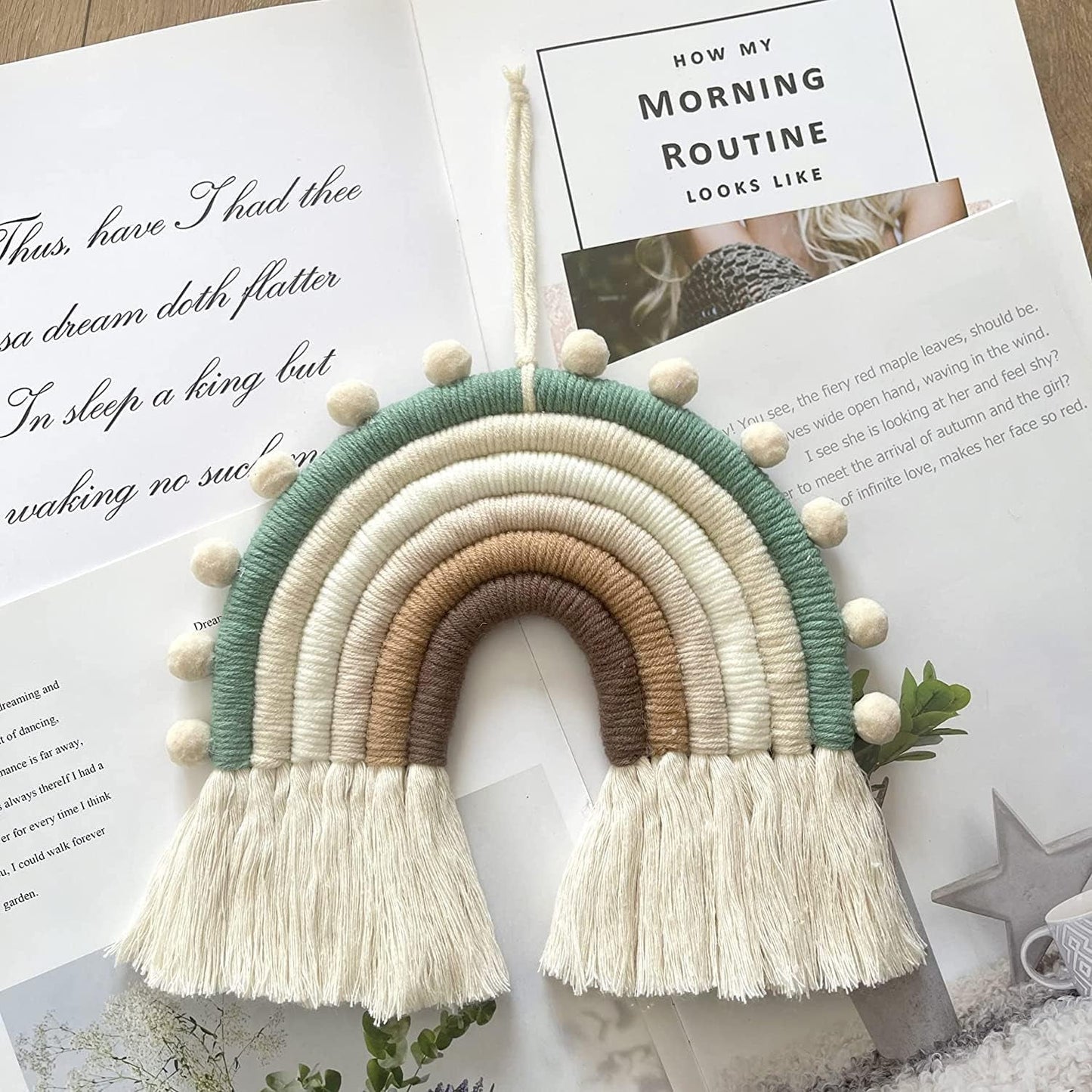Rainbow Macrame Wall Hanging Decorations for Nursery Décor, Kids Bedroom Woven Tassel for Girls& Boys, Handmade Playroom Cotton Accessories for Baby Toddler Room (Beige)