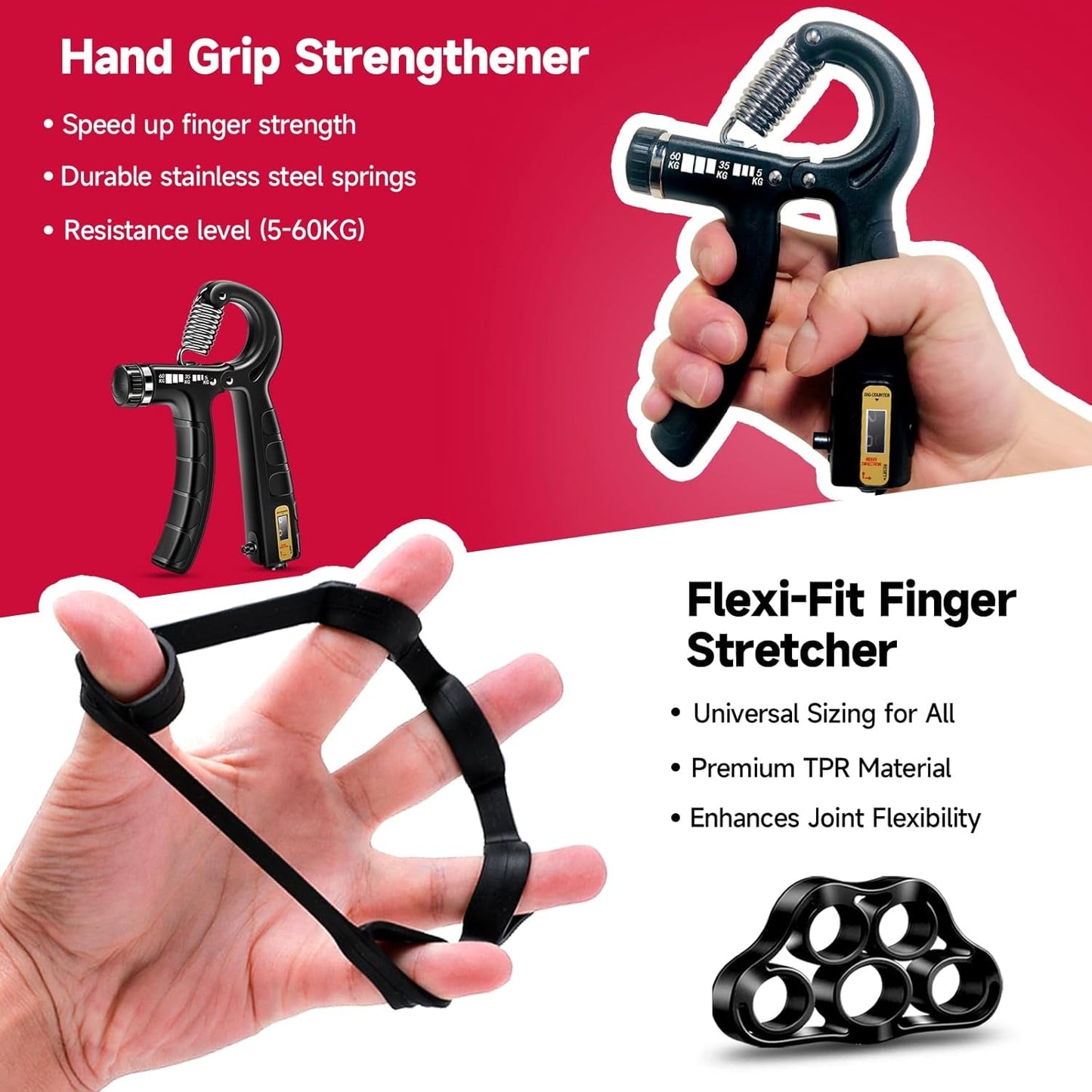 Hand Grip Strengthener Workout Kit (5 Pack), 2 Forearm Grip Adjustable Resistance Hand Gripper, Finger Stretcher, Grip Ring & Stress Relief Grip Ball for Athletes