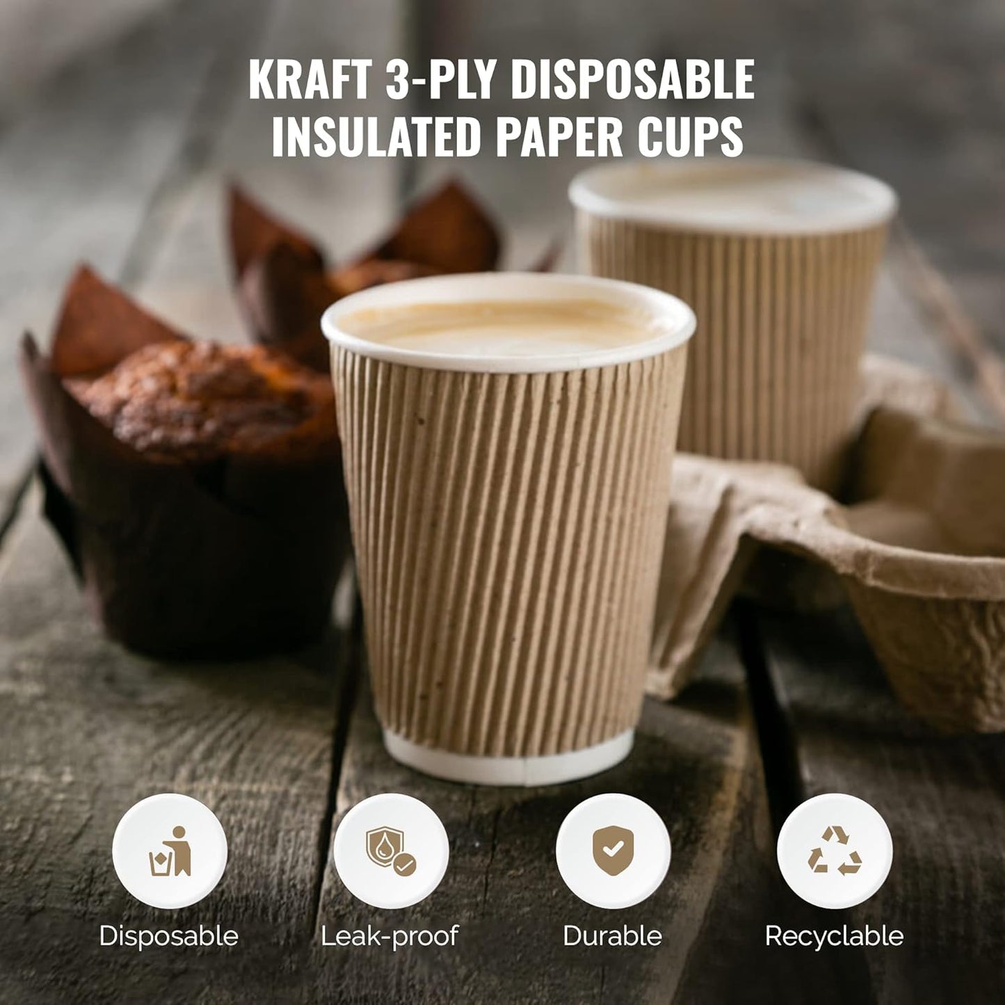 100 X Kraft 12 Ounce Ripple 3 Ply Disposable Insulated Paper Cups for Tea Coffee Cappuccino Hot Drinks, Brown