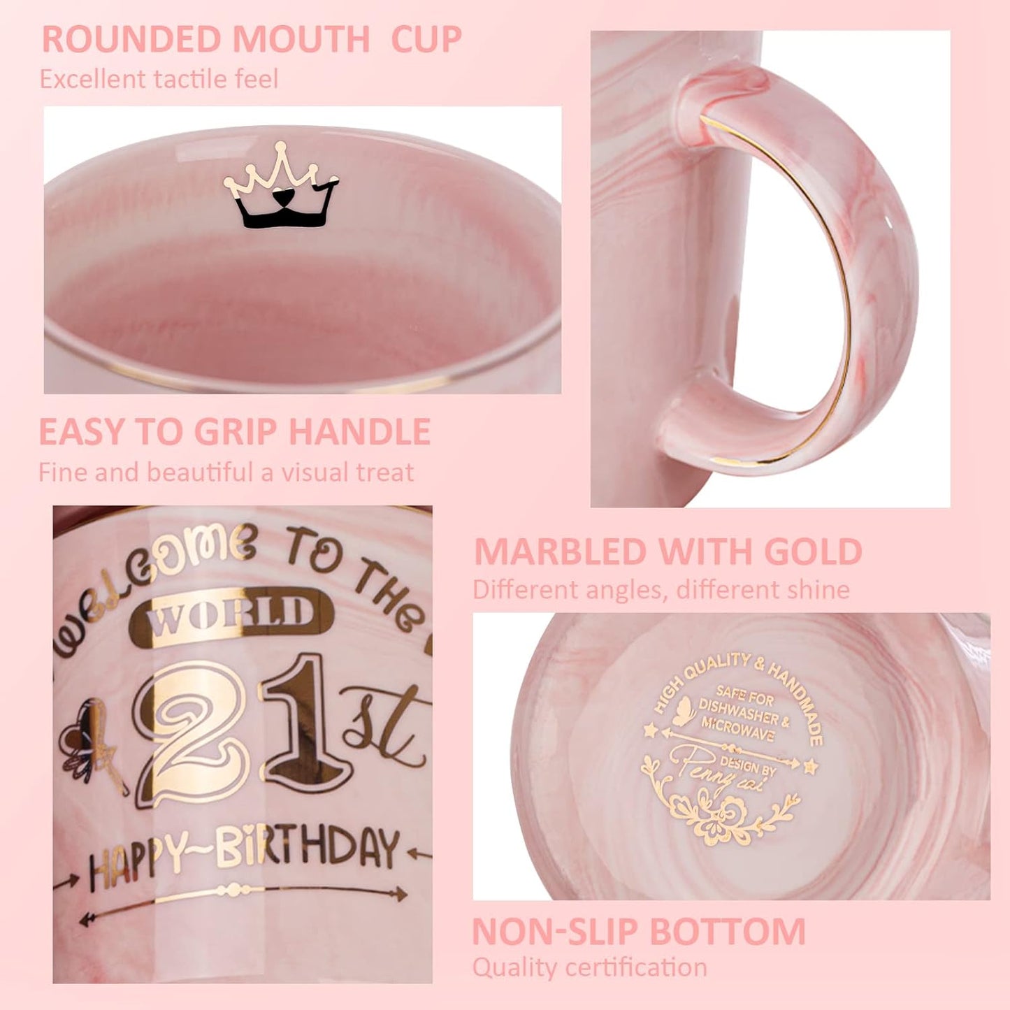 21St Birthday Gifts for Her Keepsake, 14Oz Lovely Pink Marble Ceramic Cup Printed with Gold, Lid, Spoon, Greeting Card, Happy 21St Bday Mug Present for Daughter, Girl, Sister, Niece, Gift Boxed
