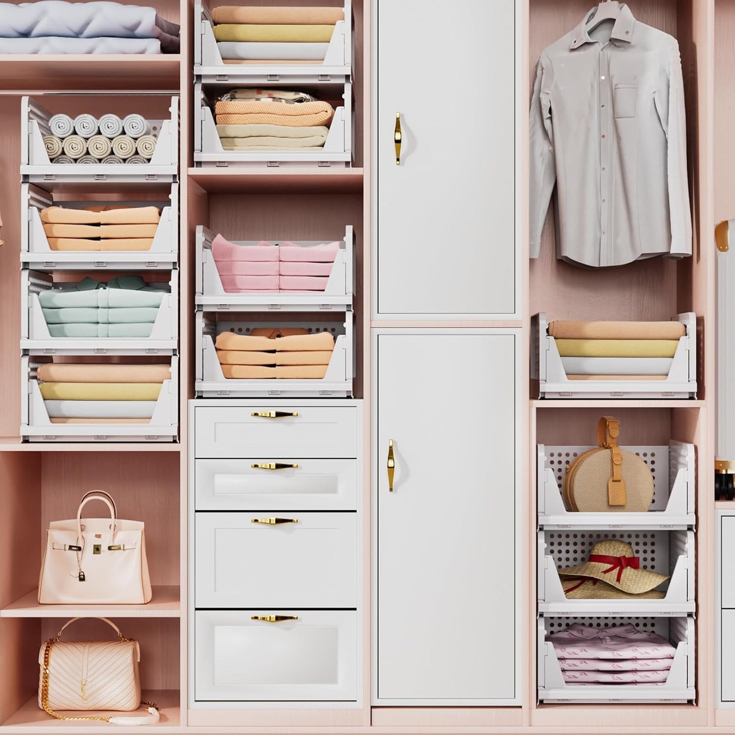 Wardrobe Storage Organiser - 4 Pack Folding Closet Organisers, Stackable Storage Boxes, Plastic Drawer Organiser Basket for Bedroom Kitchen Bathroom White