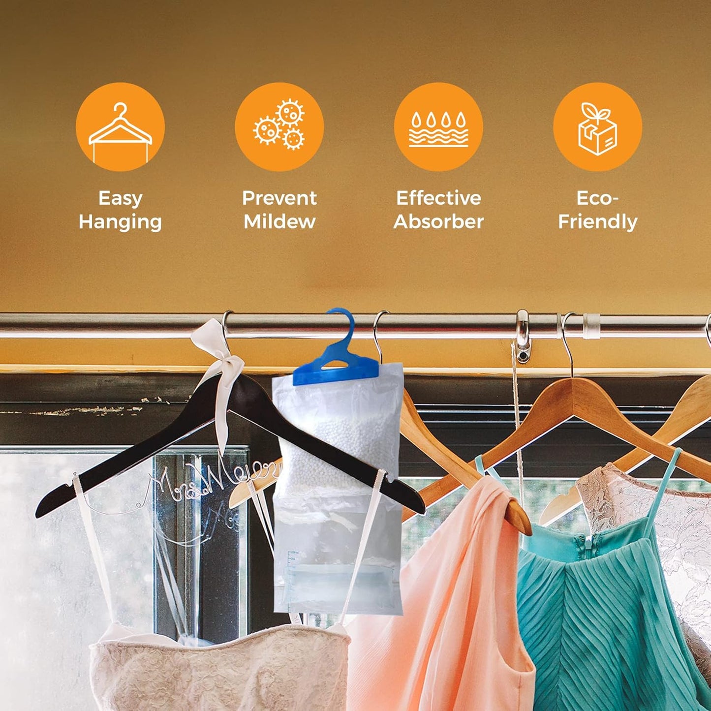 6 Wardrobe Dehumidifier Hanging Bags with Leak Proof Storage Bag & Hanging Hook Ideal to Stop Mould, Mildew & Condensation for Wardrobe | Hanging Dehumidifier Bags | Damp Remover