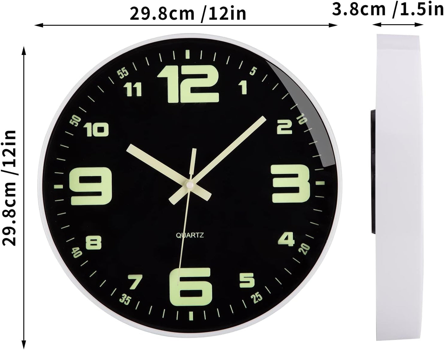 Wall Clock - 12 Inch Large Wall Clocks Glow in the Dark Clock Silent Night Lights Luminous Modern Small Vintage Black Retro White Outdoor Clock for Kitchen Bedrooms Bathroom Living Room Garden Kids