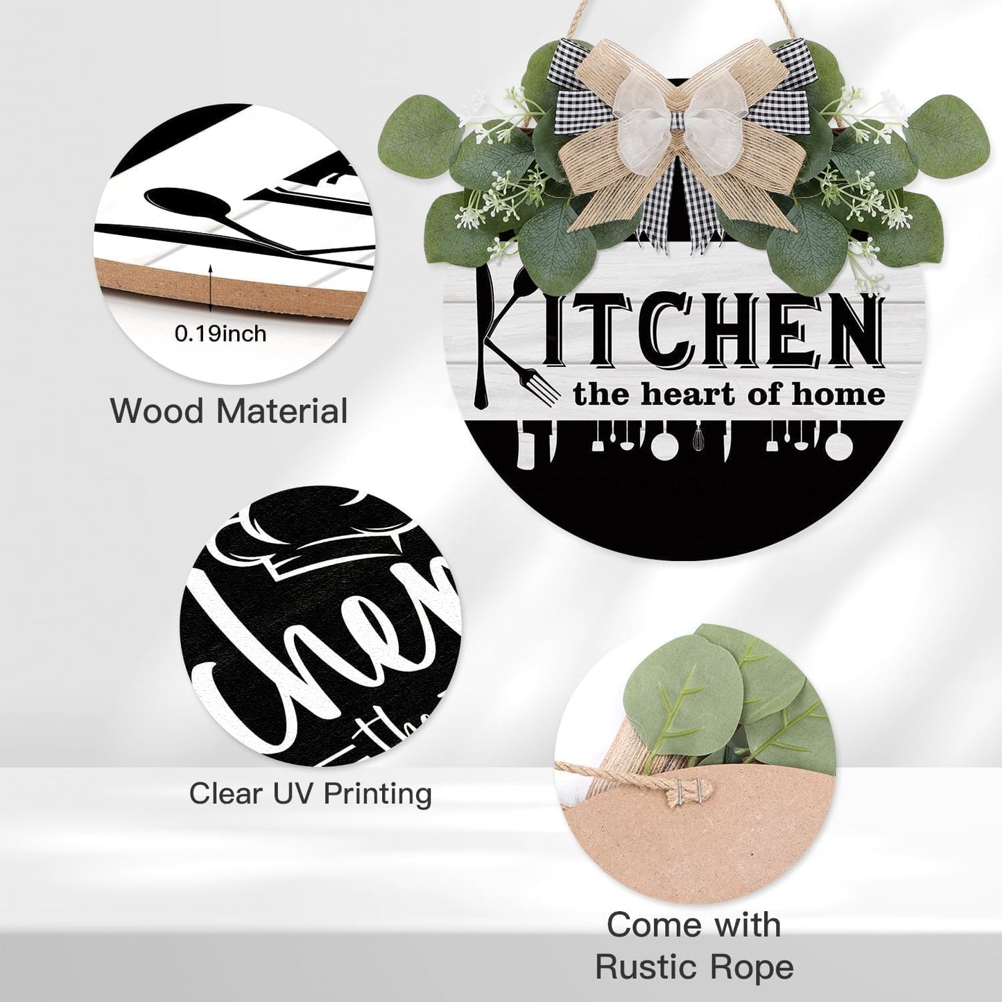Kitchen Wooden Hanging Signs Rustic Wood Sign for Home Kitchen Decor round Wood Hanging Sign with Ribbon Bow and Artificial Green Leaves Farmhouse Style Wall Art for Kitchen Home Art Decor
