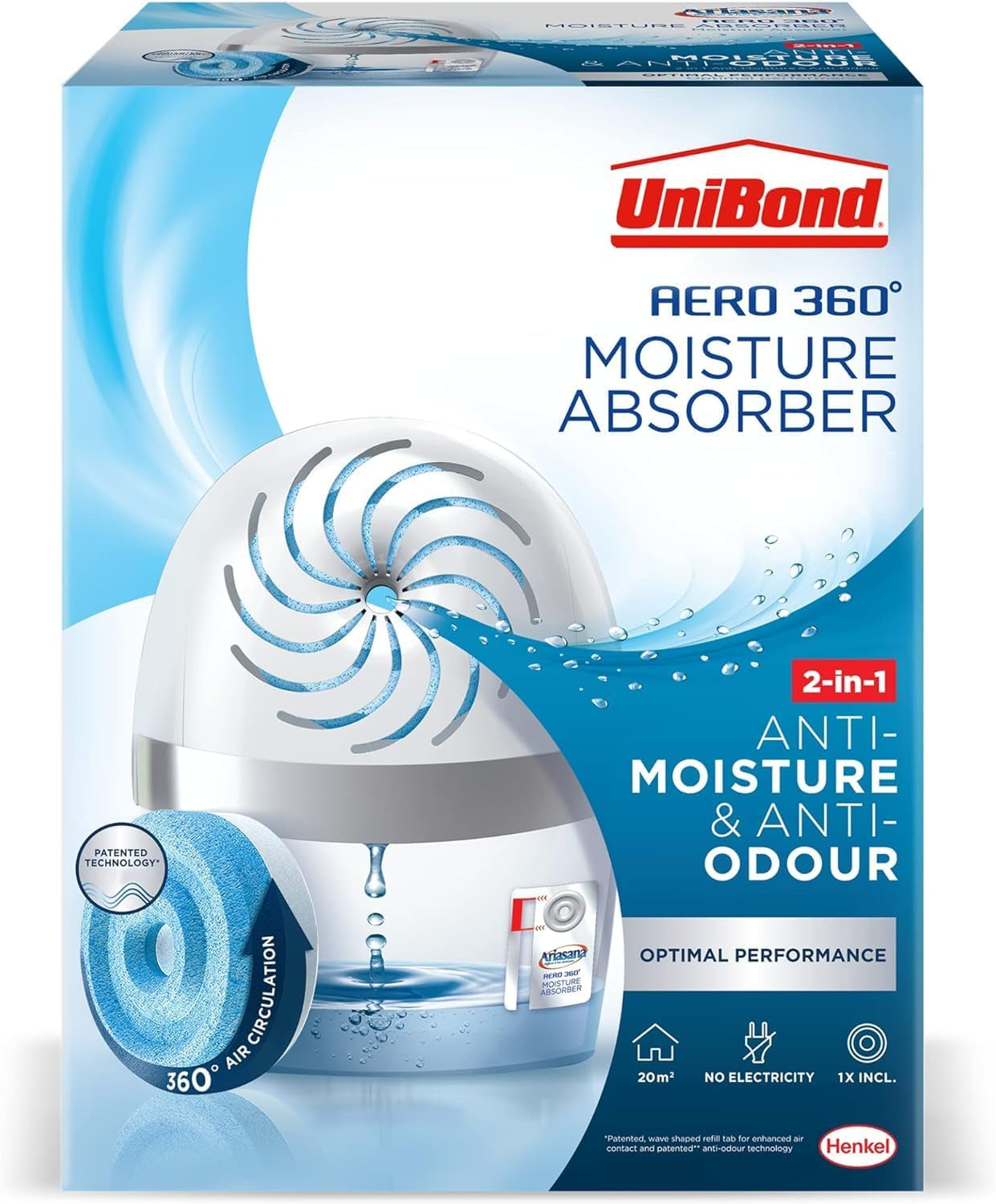 AERO 360º Moisture Absorber, 1 Device Incl. 1 Refill Tab 450G, Ultra-Absorbent Dehumidifier, Helps to Prevent Condensation, Mould & Musty Smells, Recyclable, Refillable Condensation Absorber