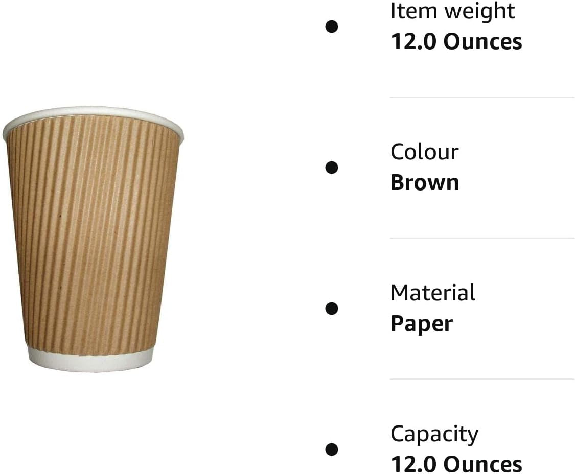 100 X Kraft 12 Ounce Ripple 3 Ply Disposable Insulated Paper Cups for Tea Coffee Cappuccino Hot Drinks, Brown