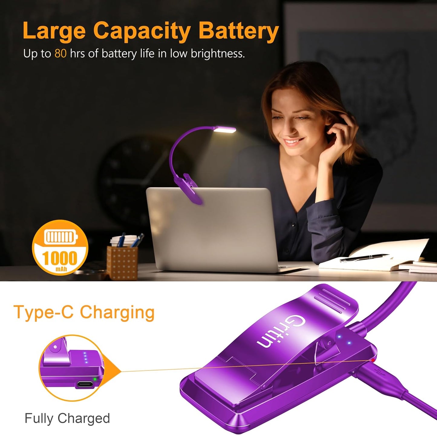 9 LED Clip on Book Light, 3 Eye-Protecting Modes Flexible Reading Light Book Lamp (Warm&Cool White) -Stepless Dimming, Rechargeable, Long Battery Life, 4-Level Power Indicator-Dark Purple