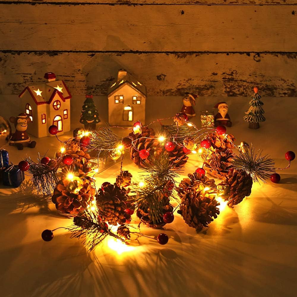 Christmas Garland with Lights,20 LED 6.56 FT Christmas Decorations Indoor Pinecones Christmas Light,Battery Operated Wreath Christmas Decor for Home Table Fireplaces Stair Railings Mantel
