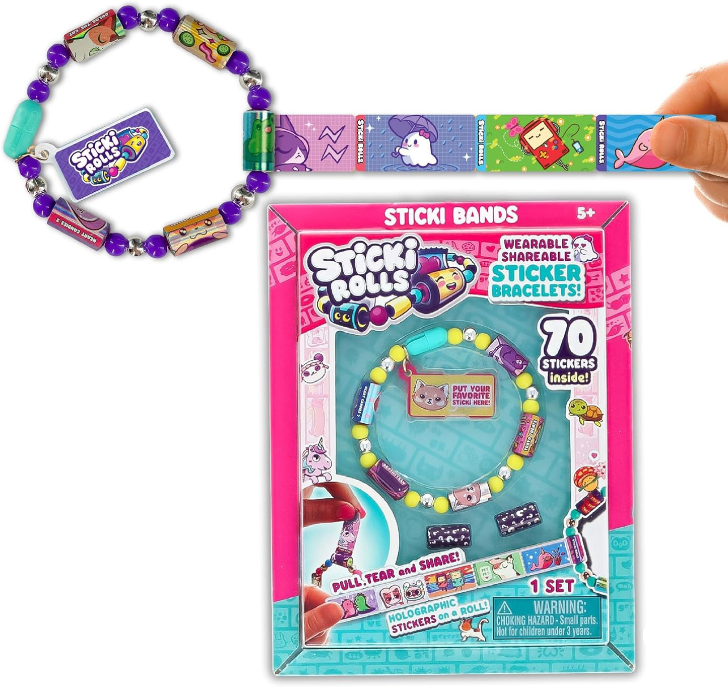 Sticki Rolls Sticki Bands, Wearable & Shareable Sticker Bracelet, 70 Mini Stickers, Assorted Colours and Styles, Packaging May Vary