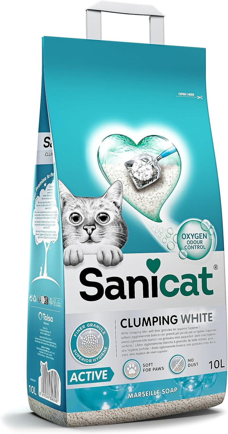 - White Ultra-Clumping Cat Litter - Marseille Soap Scented | Made from Natural Minerals with Guaranteed Odor Control | Absorbs Moisture and Forms Clumps for Easy Cleaning | 10 L Capacity.